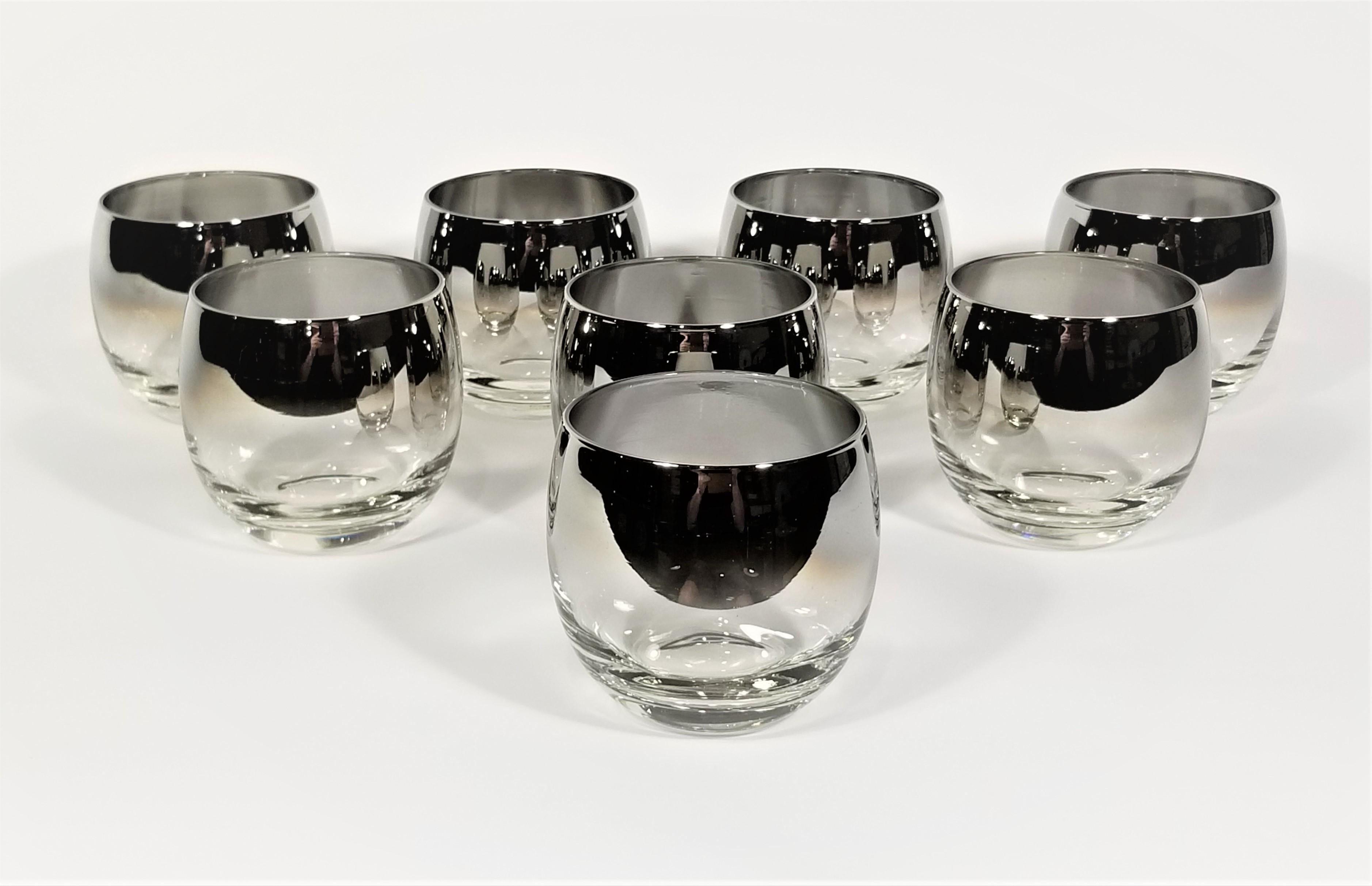 Mid century 1960s Dorothy Thorpe glassware barware. Silver fade design. Often referred to as Roly Poly glasses due to their round modern shape. Set of 8.