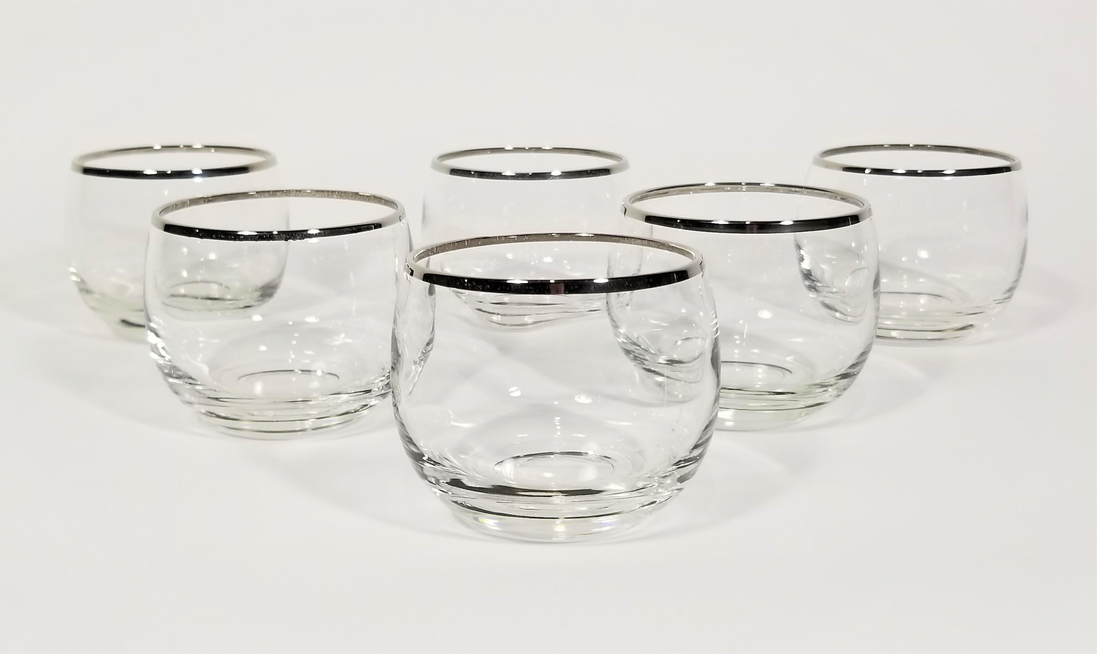 Mid-century 1960s Dorothy Thorpe silver rimmed glassware barware. Petite 4 oz version perfect for small space or bar cart. Often referred to as Roly Poly glasses due to their round modern shape.