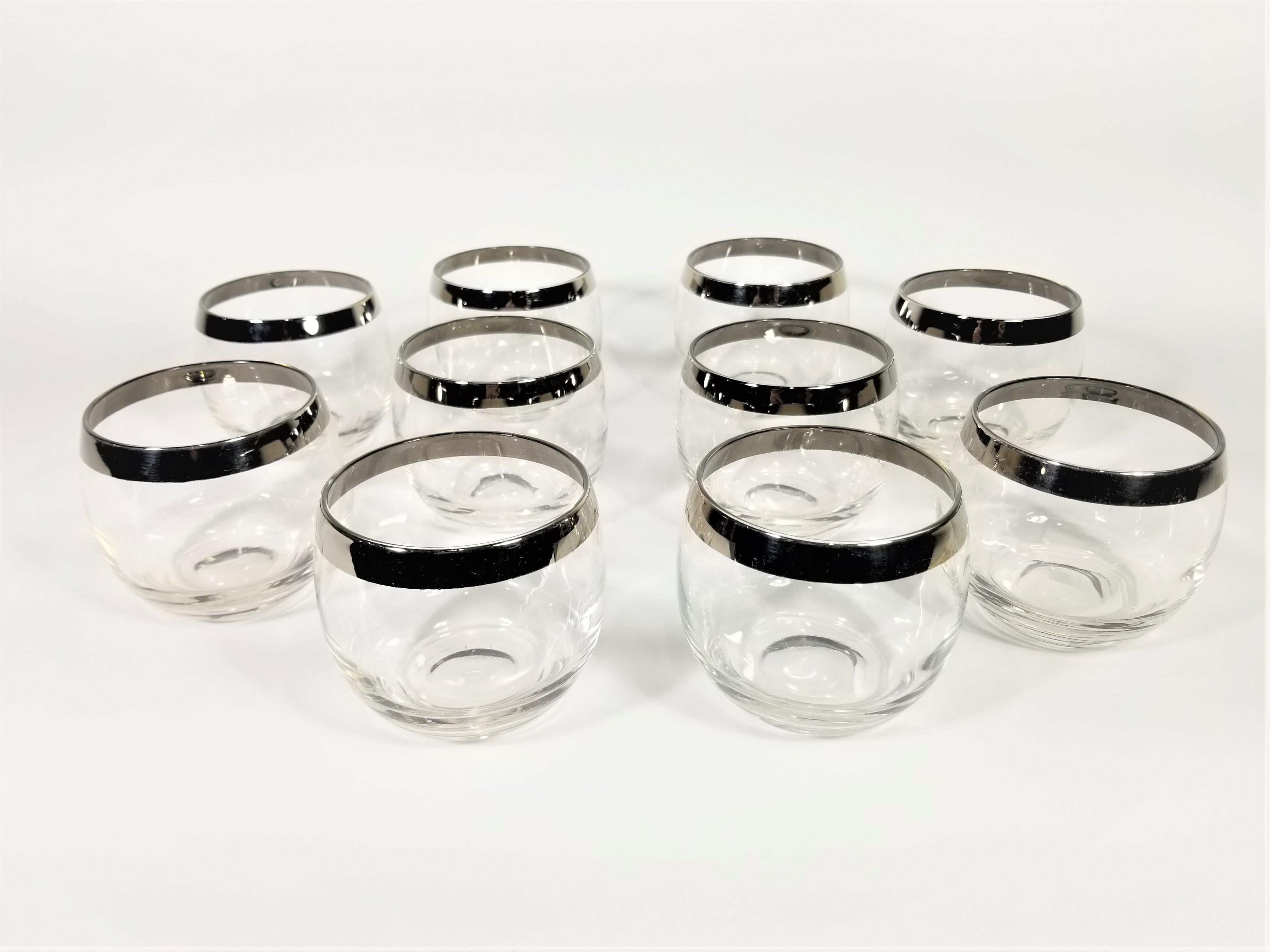 Dorothy Thorpe 1960s Midcentury Silver Rimmed Glassware Barware Set of 10 7