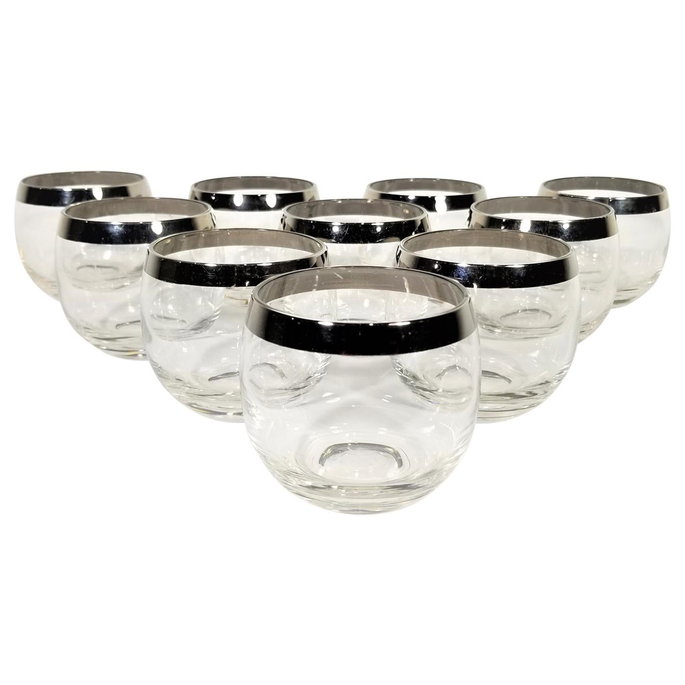 Dorothy Thorpe 1960s Midcentury Silver Rimmed Glassware Barware Set of 10