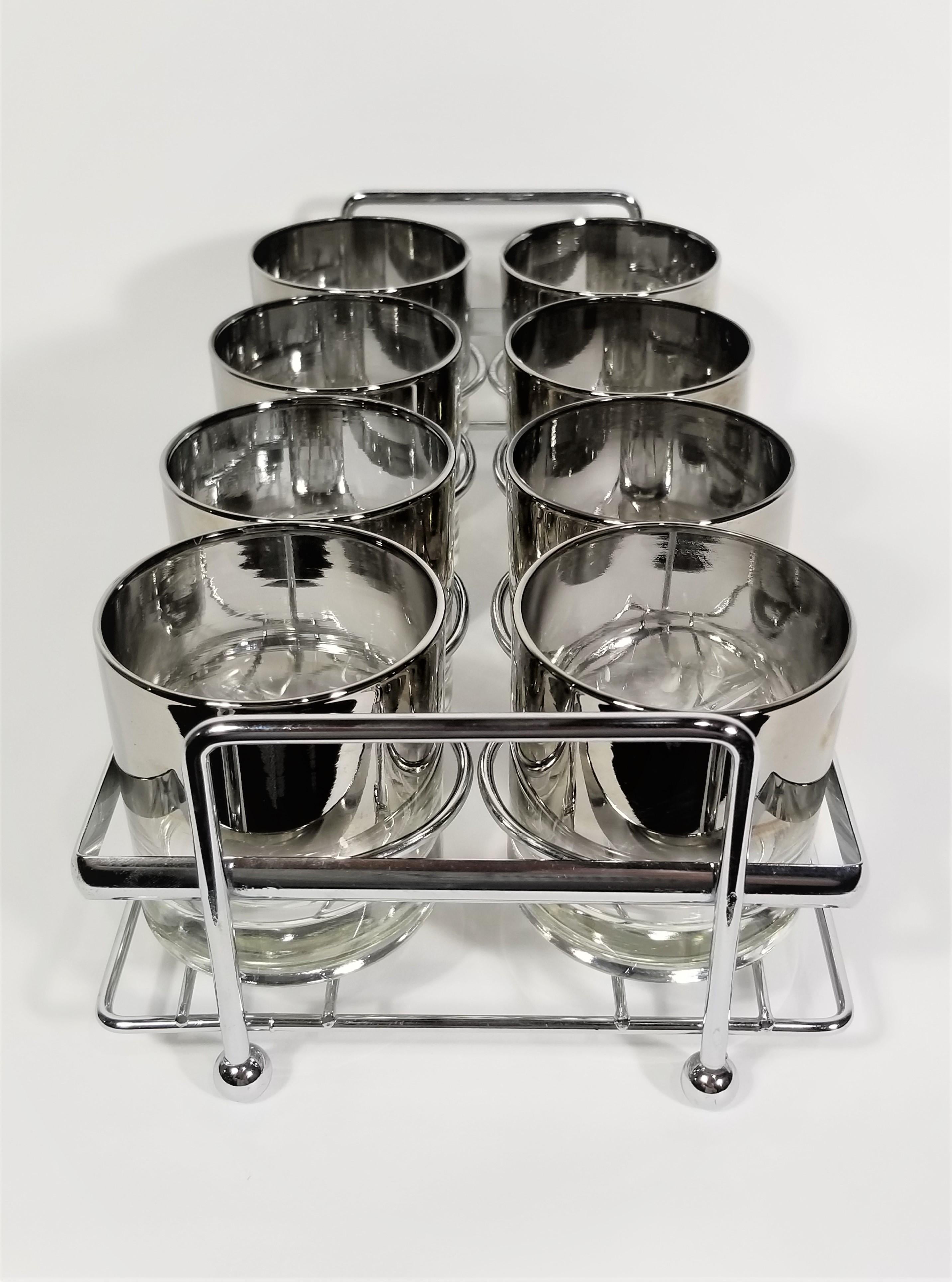 Dorothy Thorpe 1960s Silver Barware Glassware with Holder Mid Century Set of 8 2