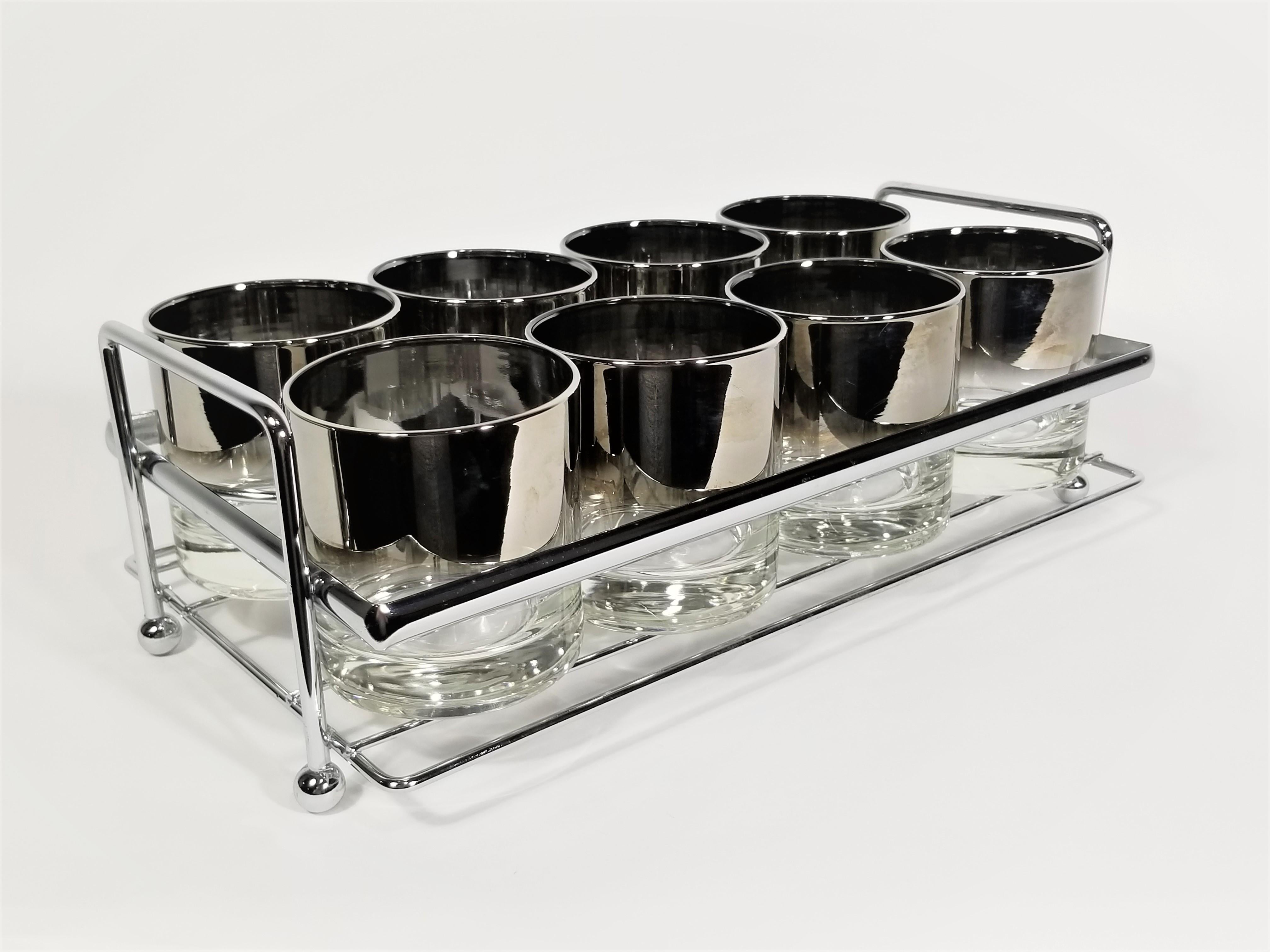 Dorothy Thorpe 1960s Silver Barware Glassware with Holder Mid Century Set of 8 5