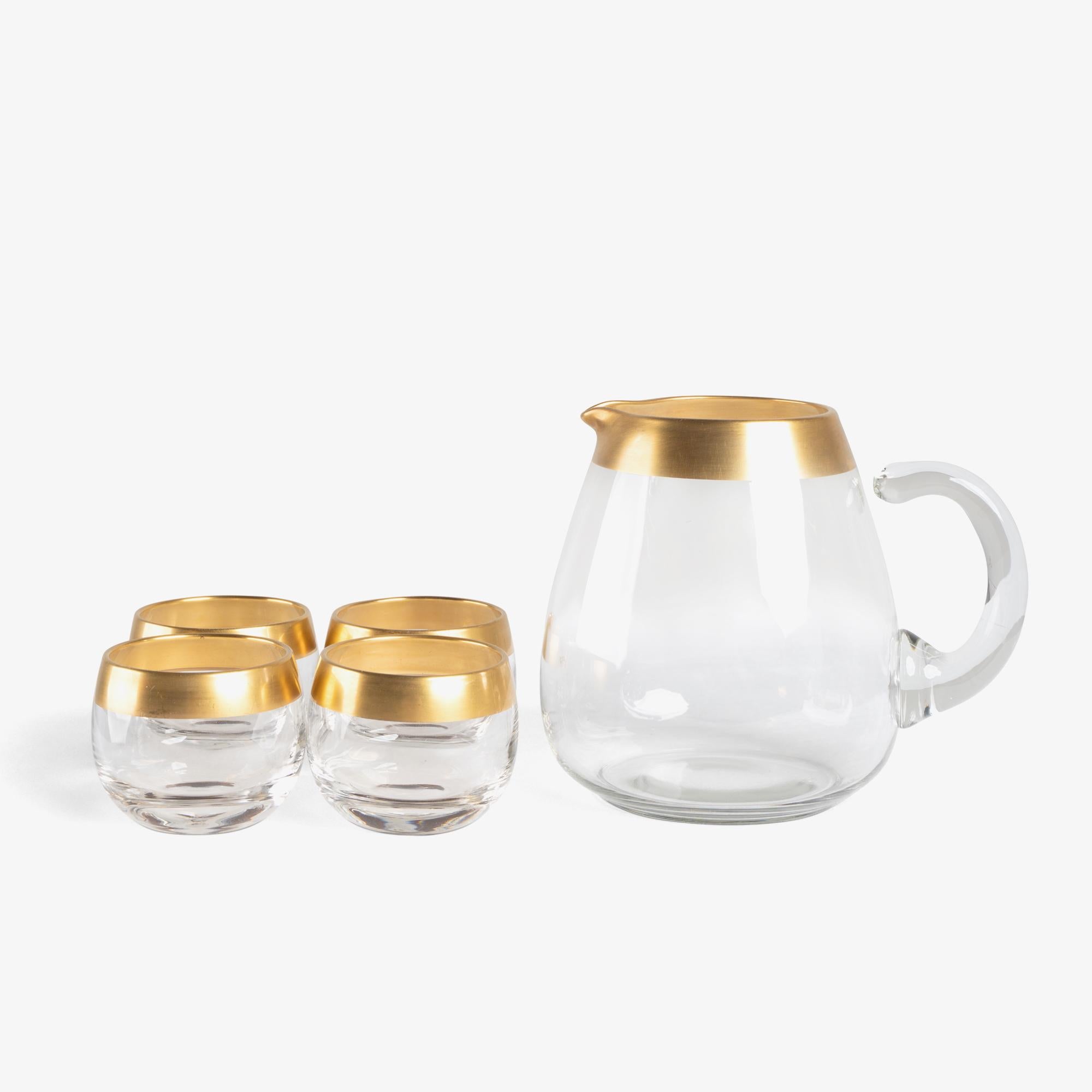 American Dorothy Thorpe 22k Gold Rim Band Roly Poly Glasses & Pitcher Drinks Set - 5 Pcs