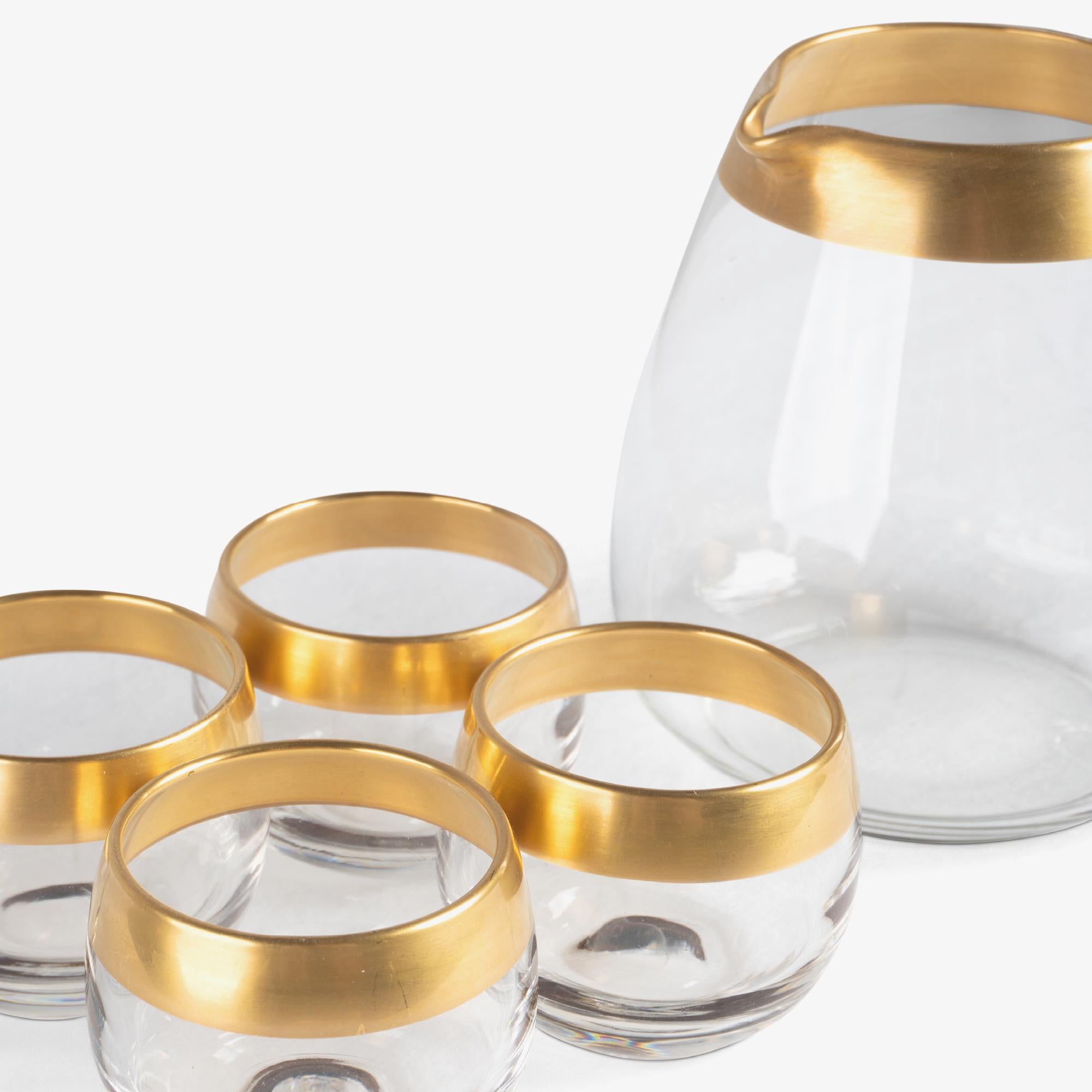 Dorothy Thorpe 22k Gold Rim Band Roly Poly Glasses & Pitcher Drinks Set - 5 Pcs In Good Condition In Stamford, CT