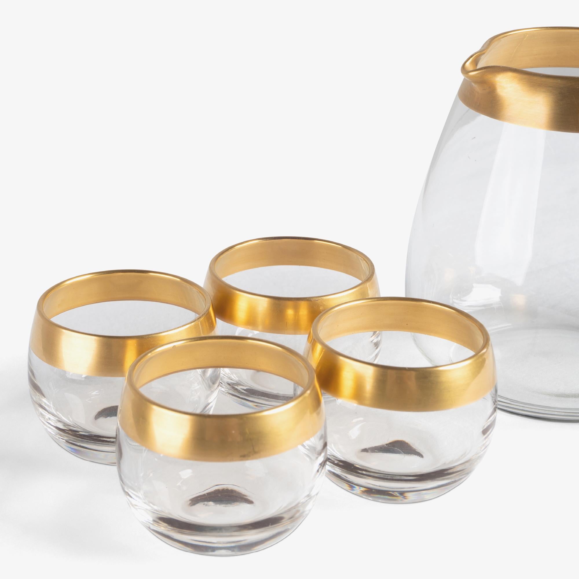 Mid-20th Century Dorothy Thorpe 22k Gold Rim Band Roly Poly Glasses & Pitcher Drinks Set - 5 Pcs