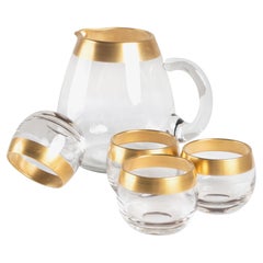 Vintage Dorothy Thorpe 22k Gold Rim Band Roly Poly Glasses & Pitcher Drinks Set - 5 Pcs