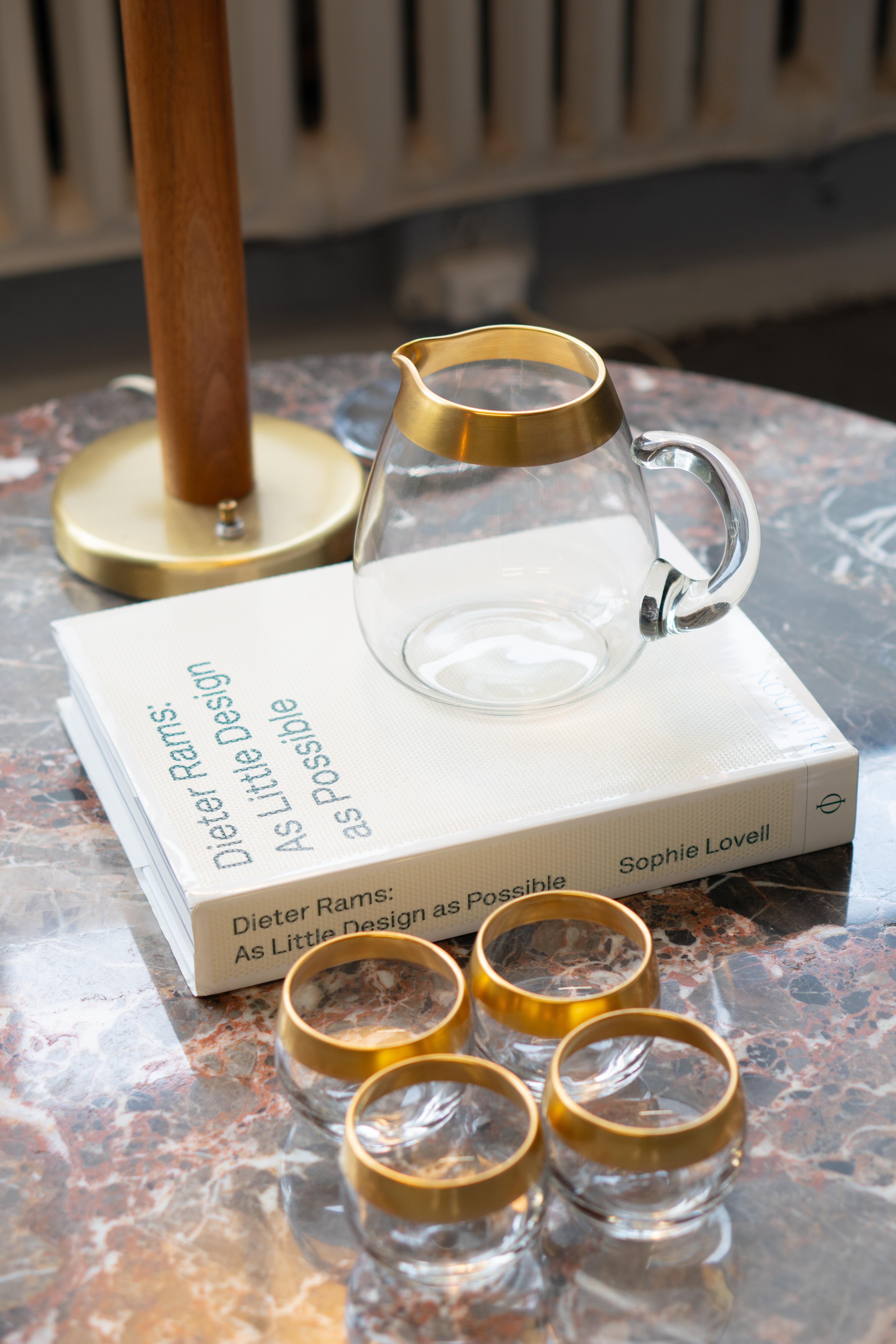 Mid-Century Modern Dorothy Thorpe 22k Gold Rim Band Roly Poly Glasses & Pitcher Drinks Set - 5 Pcs