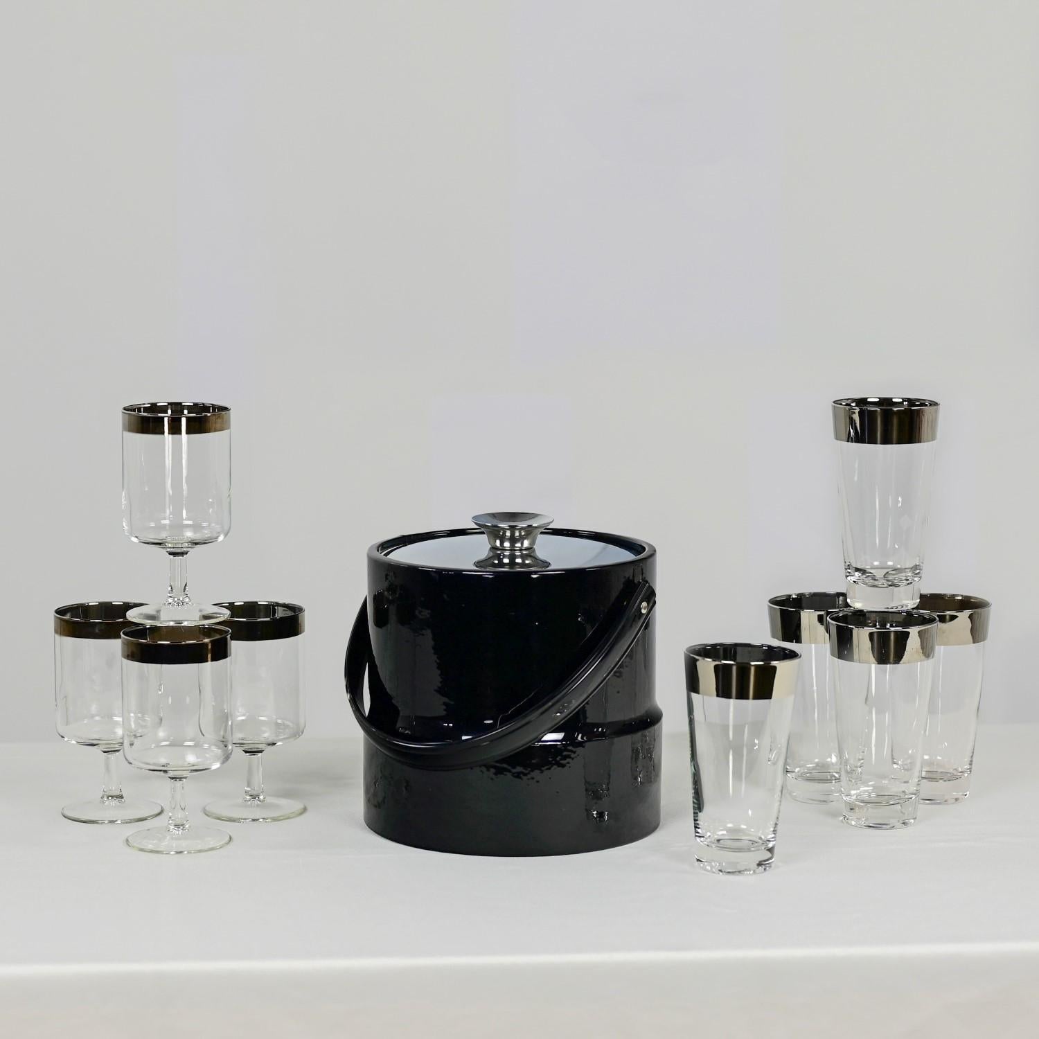 Dorothy Thorpe Allegro Style Set 5 Tumblers 4 Stems & Black Kraftware Ice Bucket For Sale 6