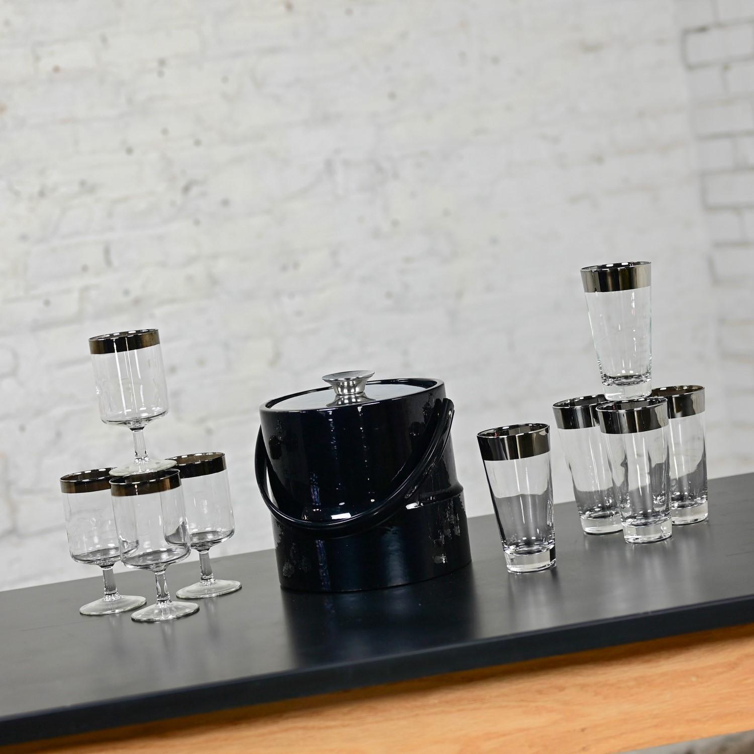 American Dorothy Thorpe Allegro Style Set 5 Tumblers 4 Stems & Black Kraftware Ice Bucket For Sale