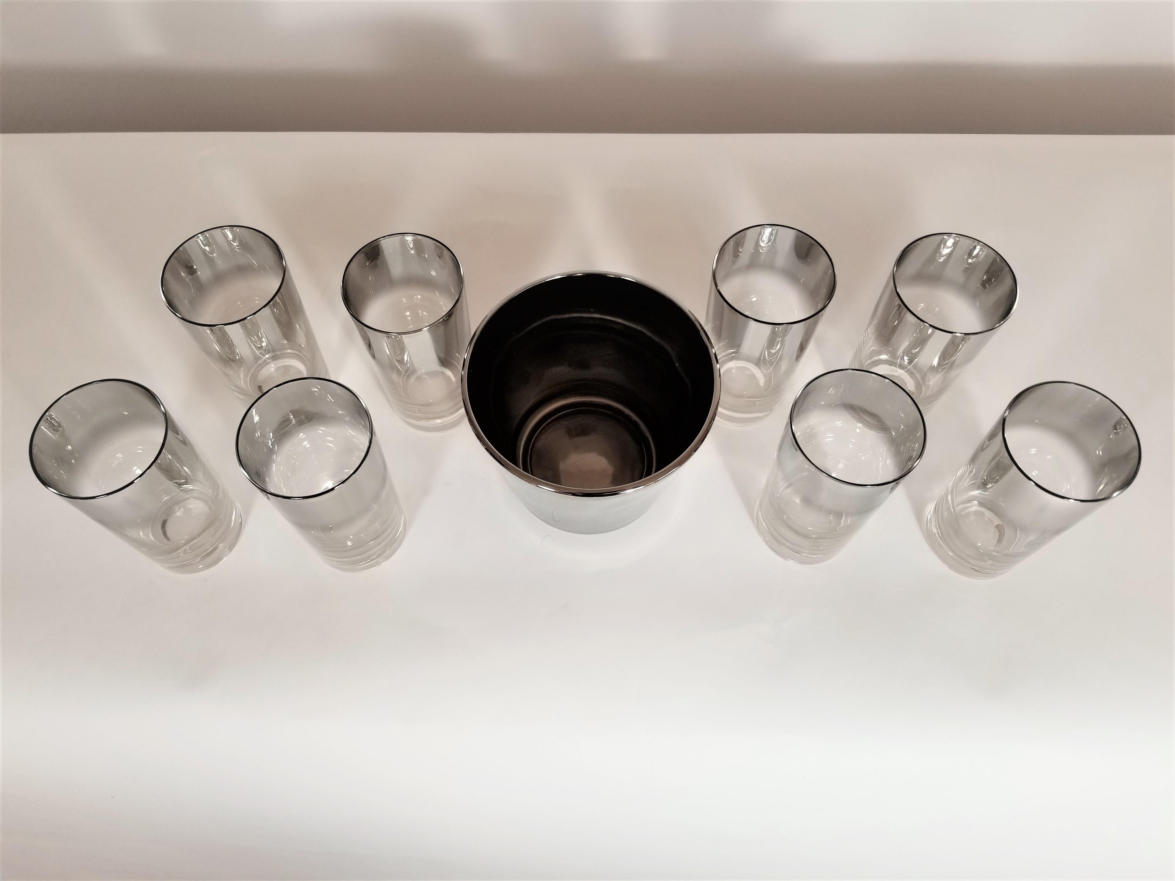 Mid-Century Modern Dorothy Thorpe Glassware Barware Set of 8 with Ice Bucket Midcentury