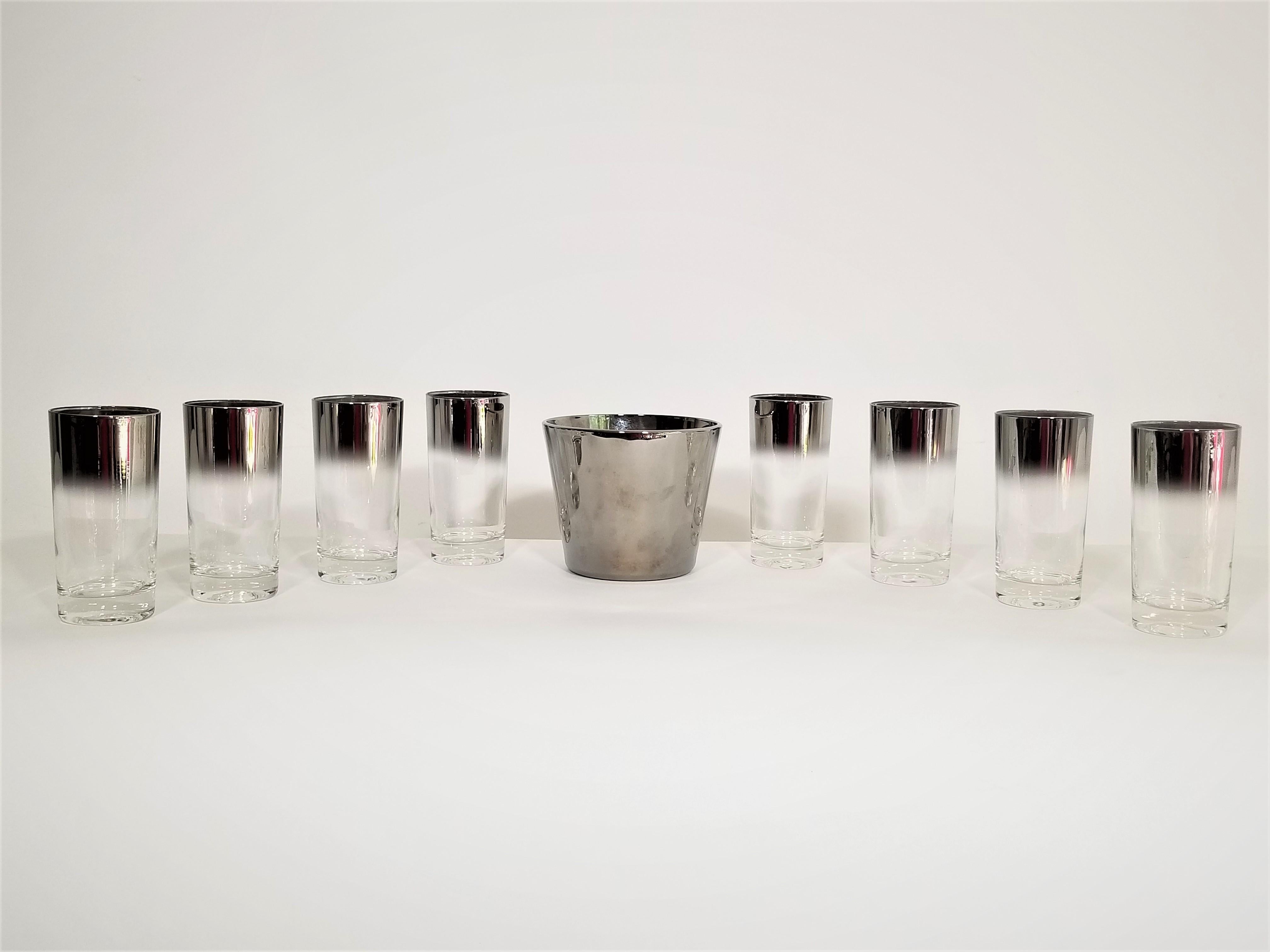 20th Century Dorothy Thorpe Glassware Barware Set of 8 with Ice Bucket Midcentury