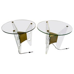 Dorothy Thorpe Illuminated Pair Side/End Tables Lucite Base Round Glass Top