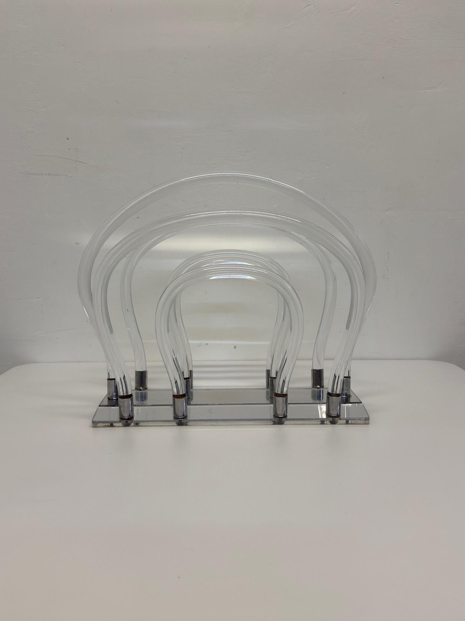 Mid-Century lucite and chrome magazine rack by Dorothy Thorpe circa 1960s.