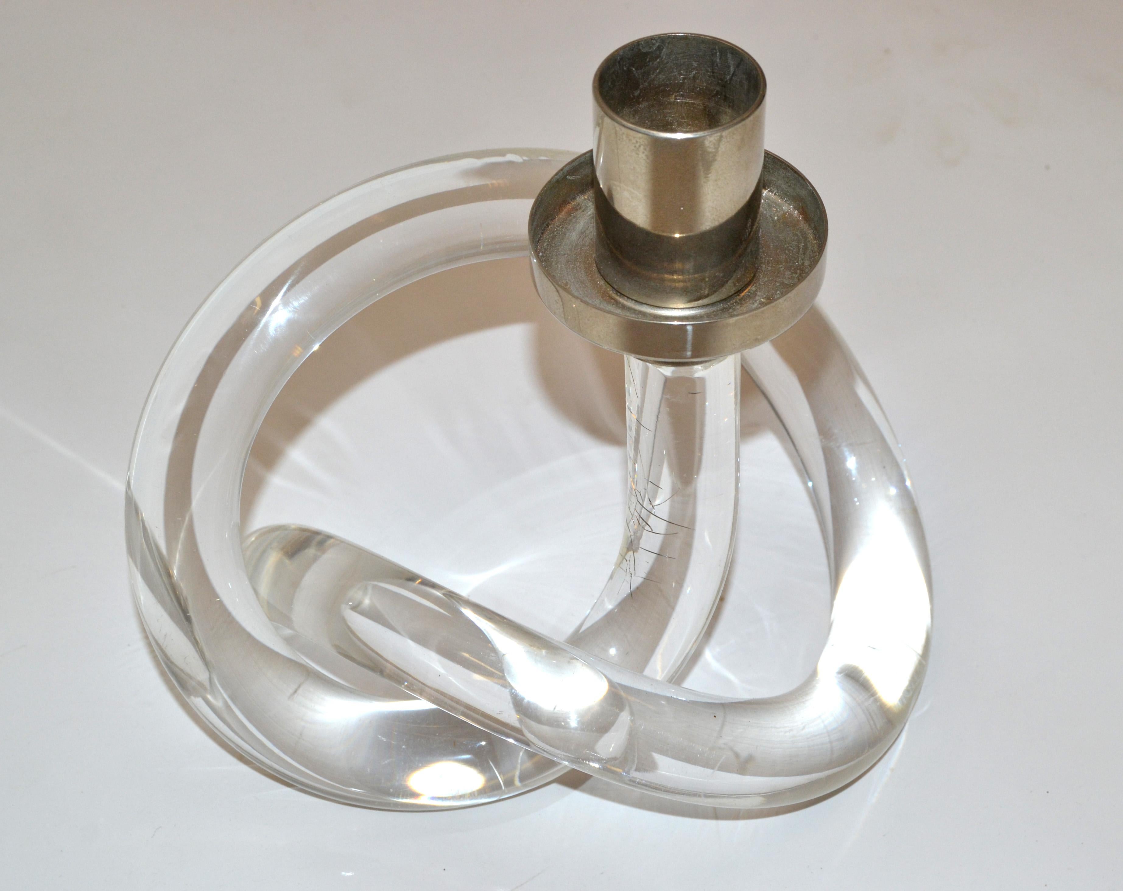 Mid-Century Modern Dorothy Thorpe Lucite and Nickel Candleholder in Pretzel Shape