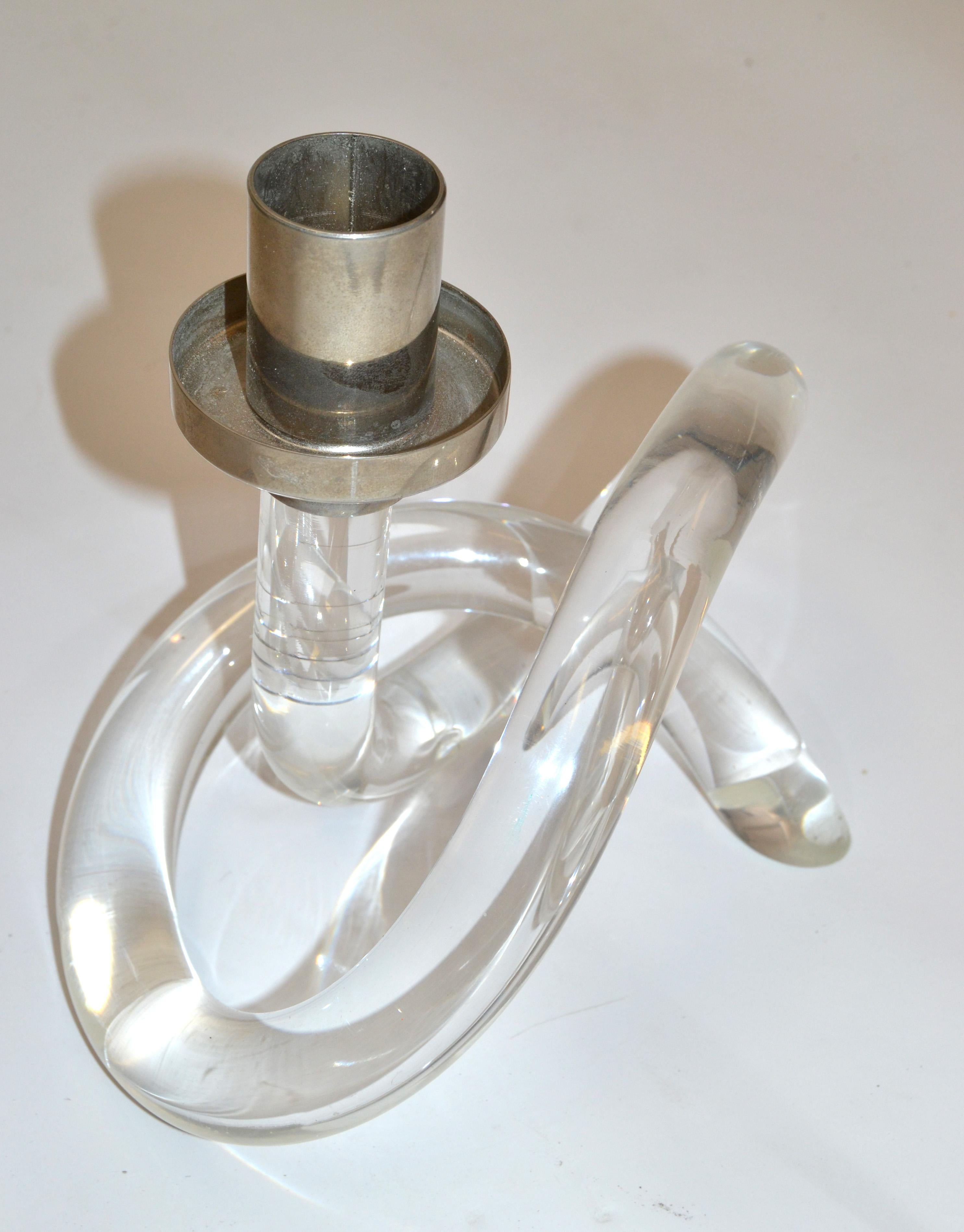 Hand-Crafted Dorothy Thorpe Lucite and Nickel Candleholder in Pretzel Shape