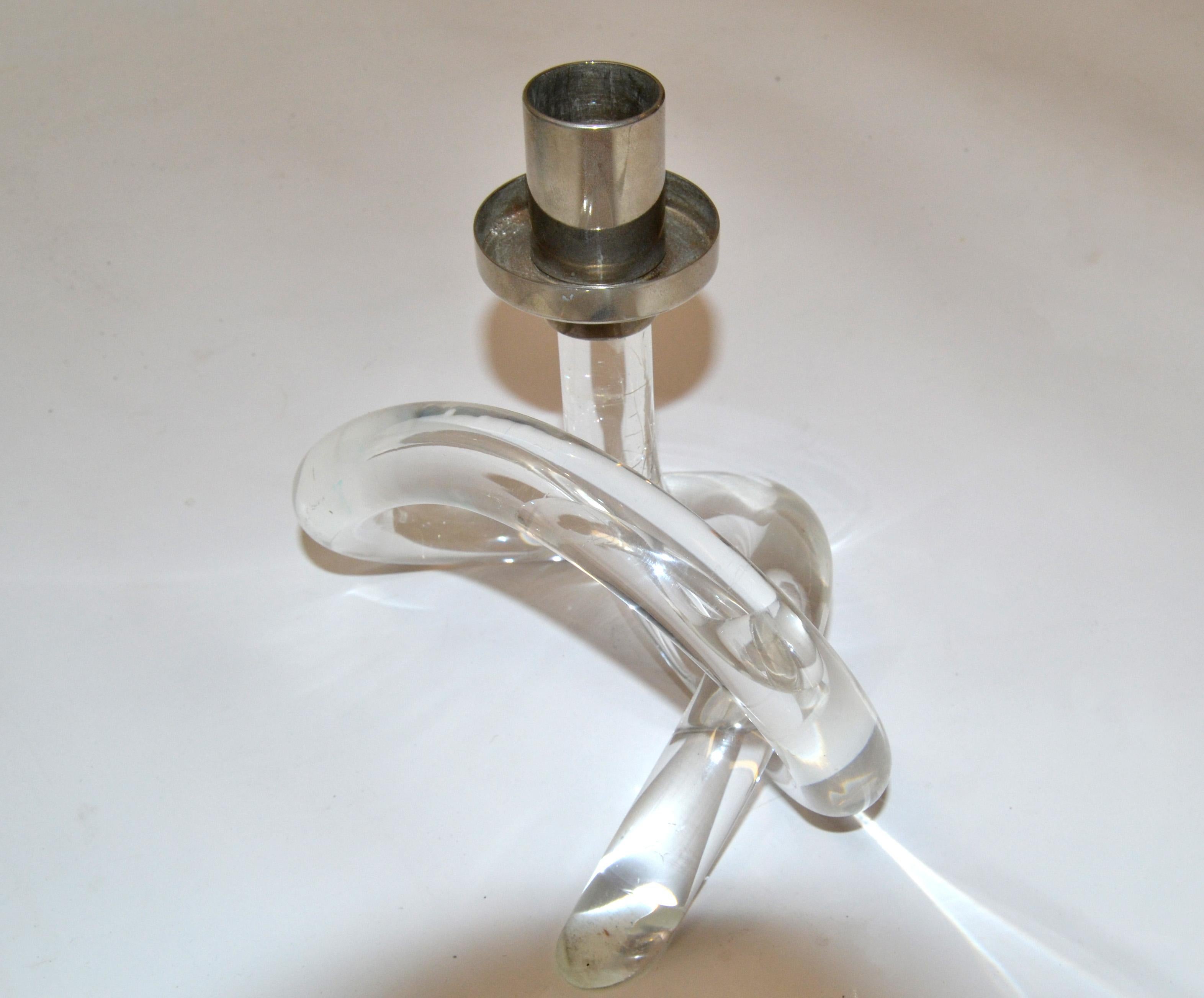 Dorothy Thorpe Lucite and Nickel Candleholder in Pretzel Shape In Good Condition In Miami, FL