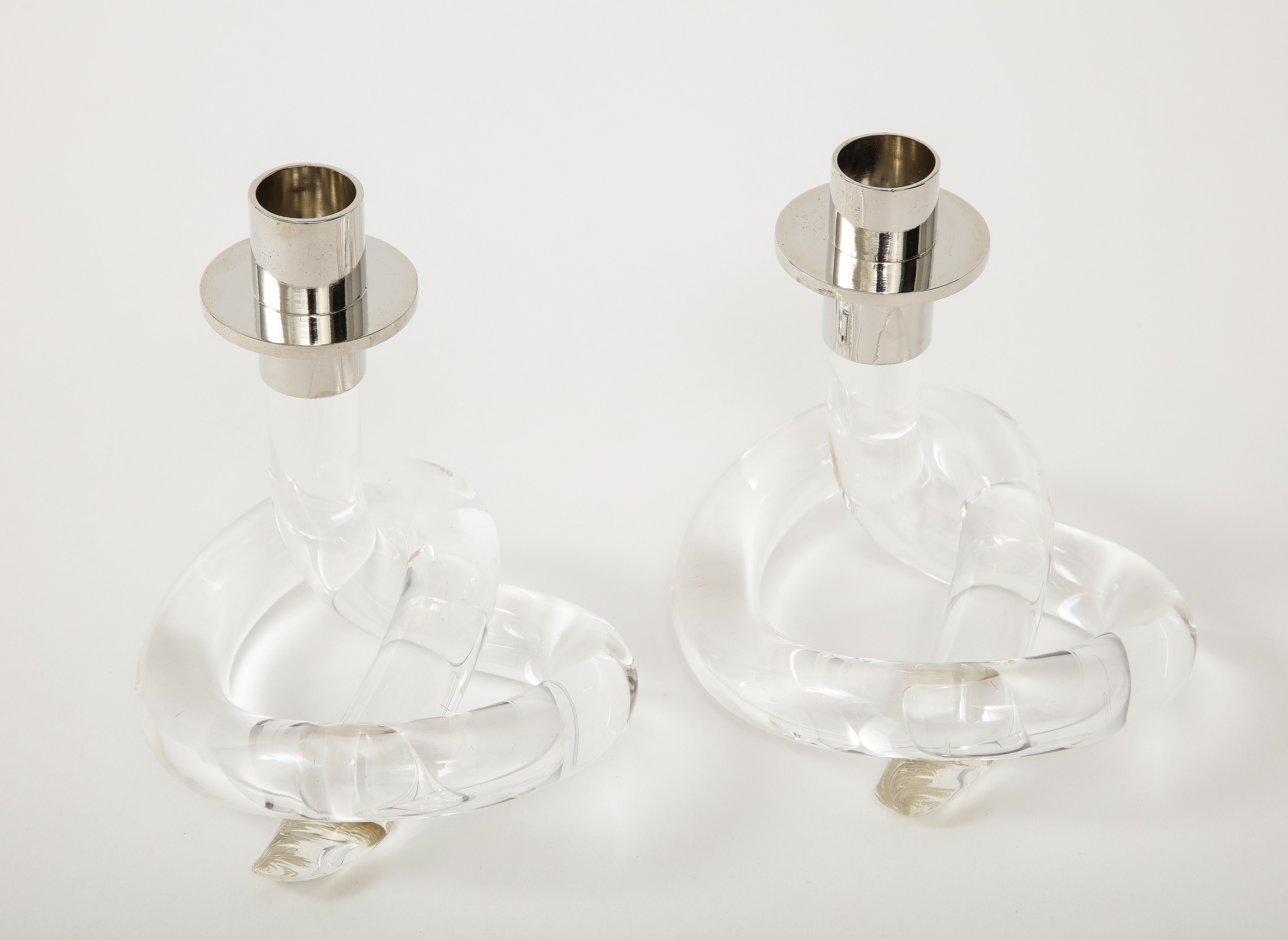 Chrome Dorothy Thorpe Lucite Knot Candlesticks For Sale