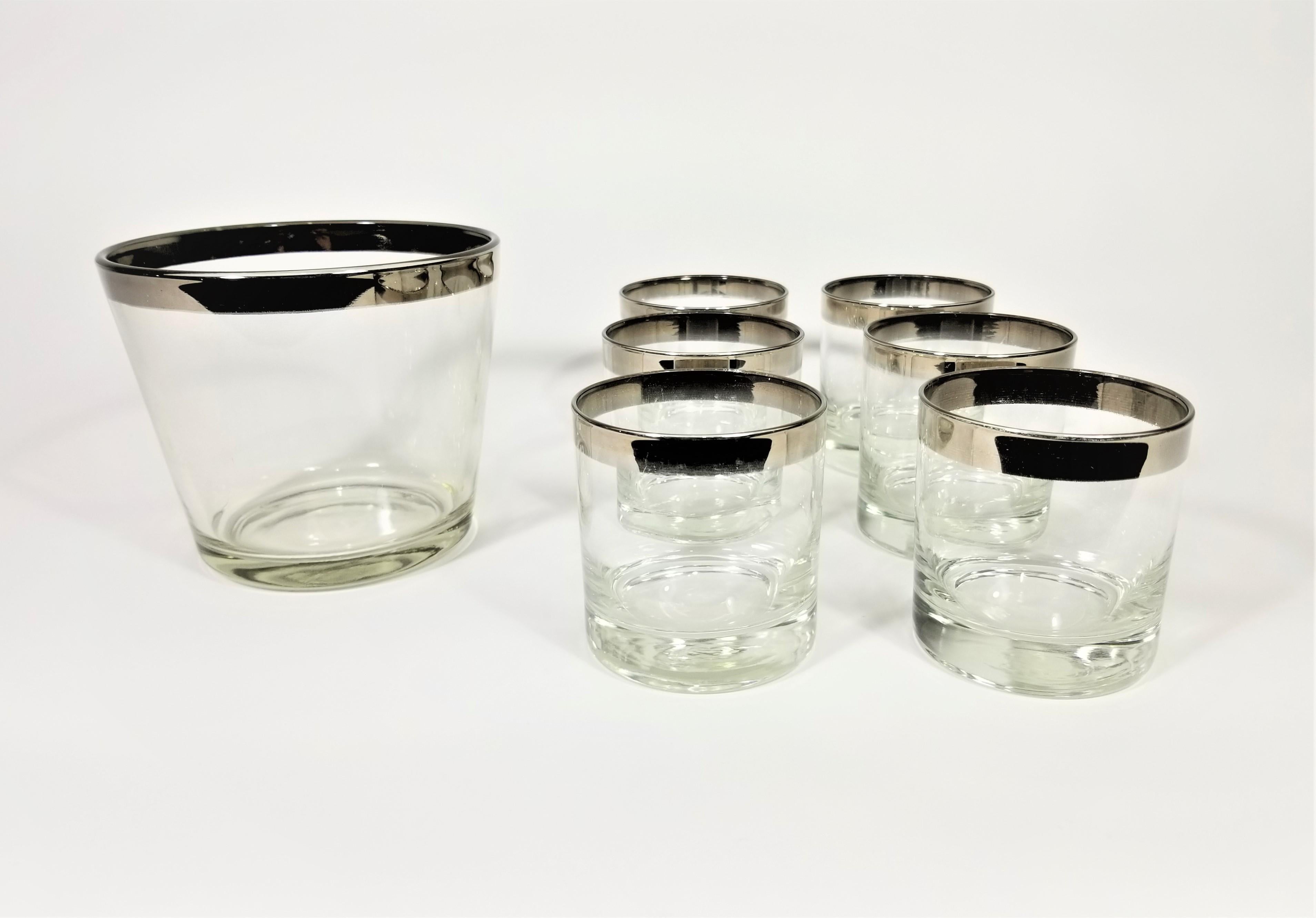 Dorothy Thorpe Midcentury 1960s Silver Rimmed Glassware Barware with Ice Bucket 4