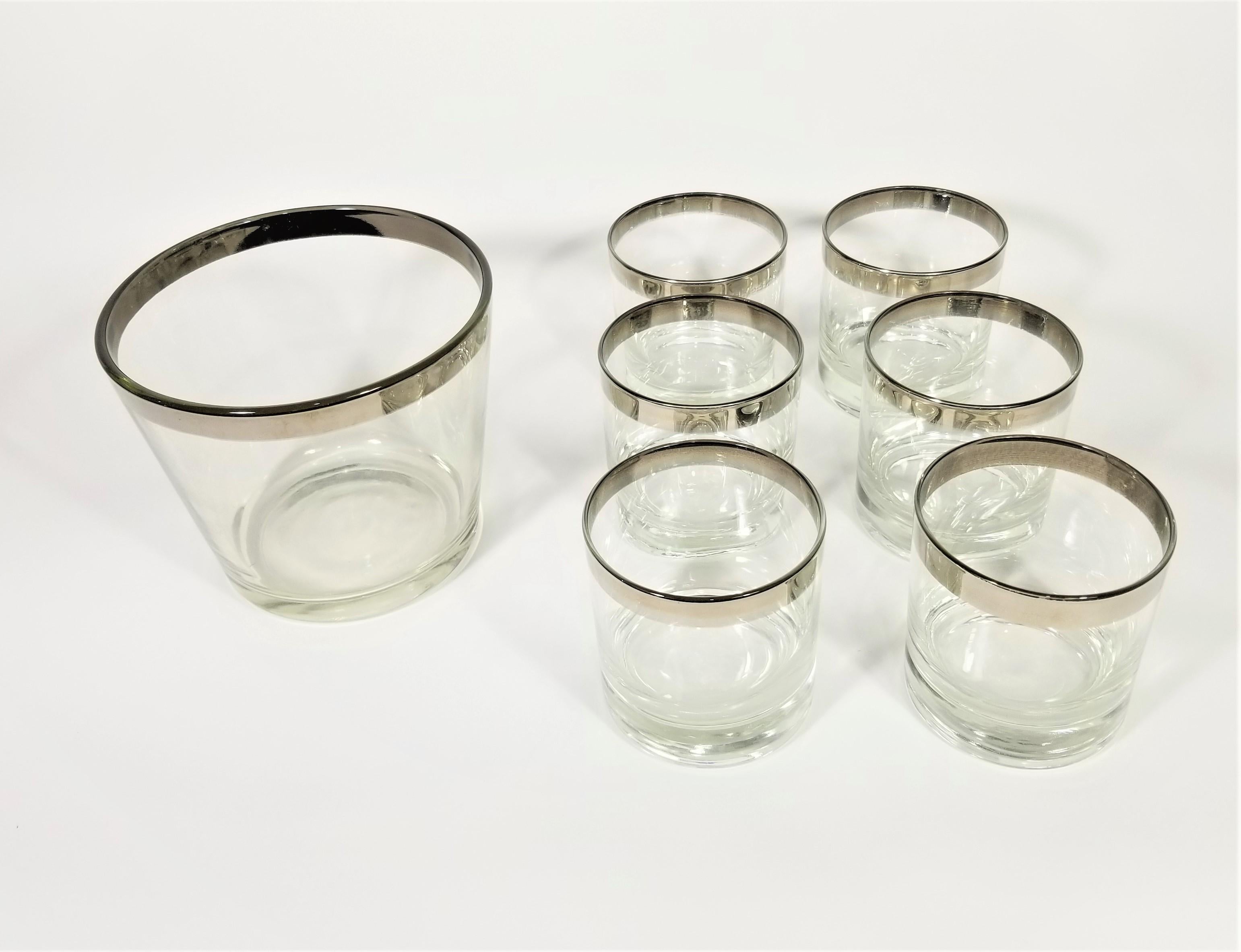 Dorothy Thorpe Midcentury 1960s Silver Rimmed Glassware Barware with Ice Bucket 5