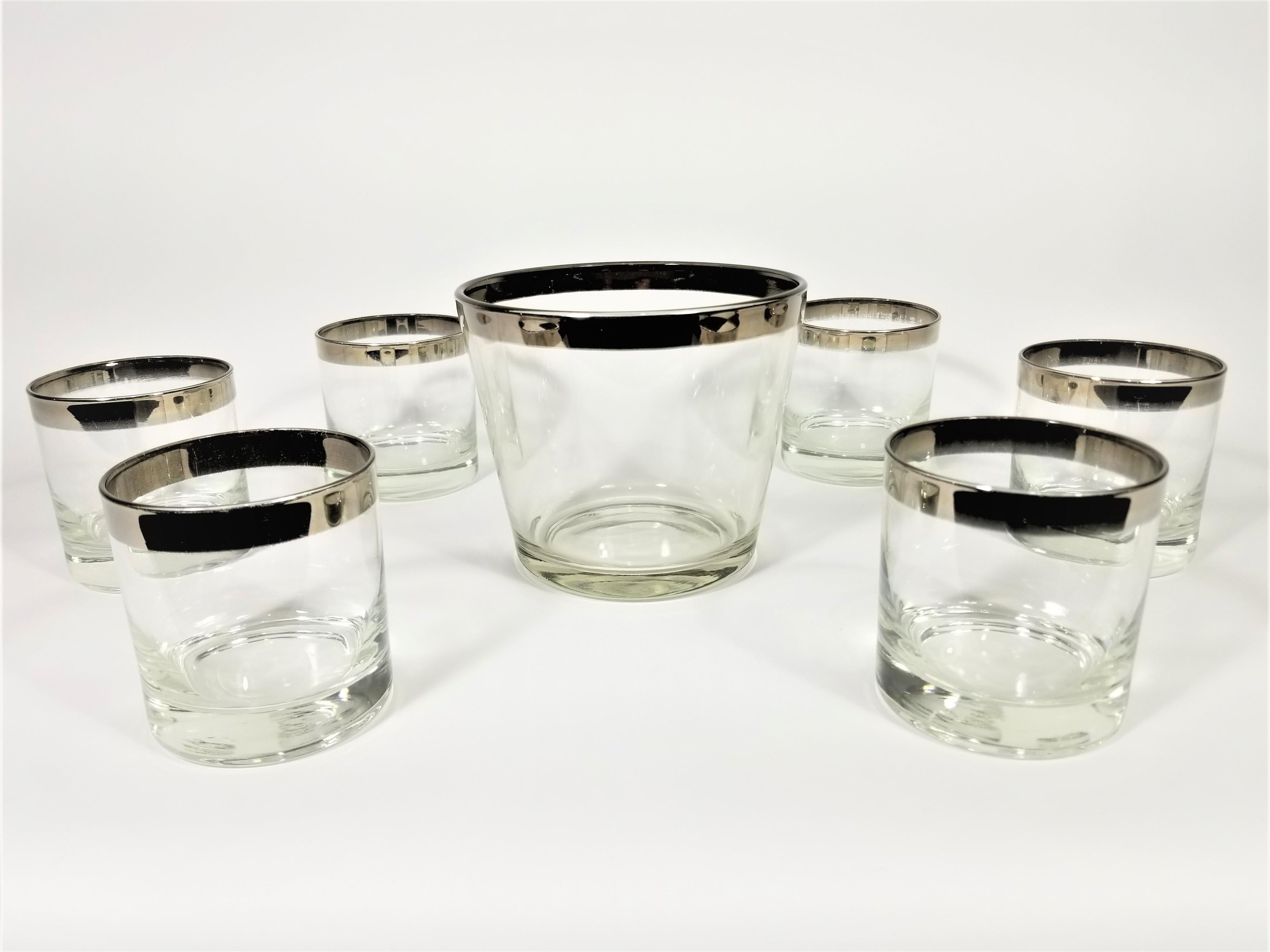 Dorothy Thorpe Midcentury 1960s Silver Rimmed Glassware Barware with Ice Bucket 8