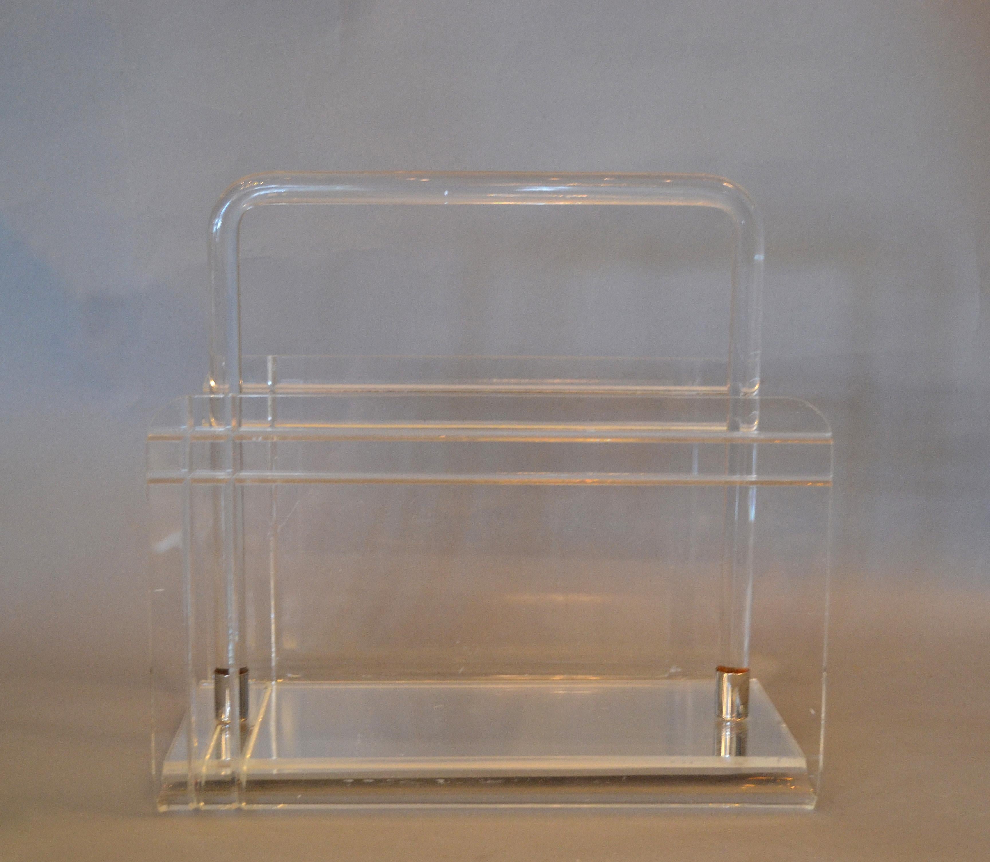 20th Century Dorothy Thorpe Mid-Century Modern Magazine Rack Mirrored Glass Lucite and Chrome