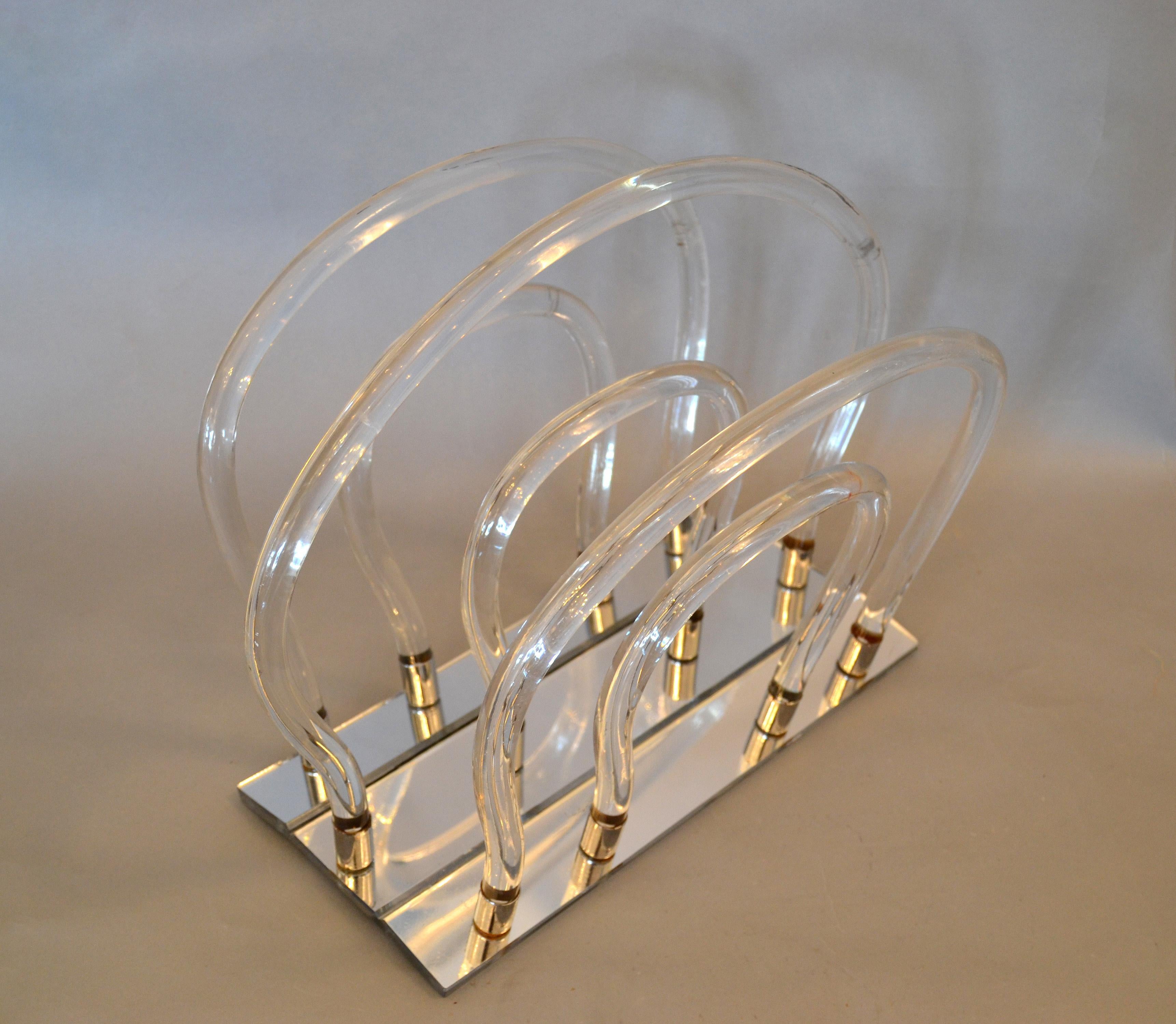 Dorothy Thorpe Mid-Century Modern Magazine Rack Mirrored Glass, Lucite & Chrome 1
