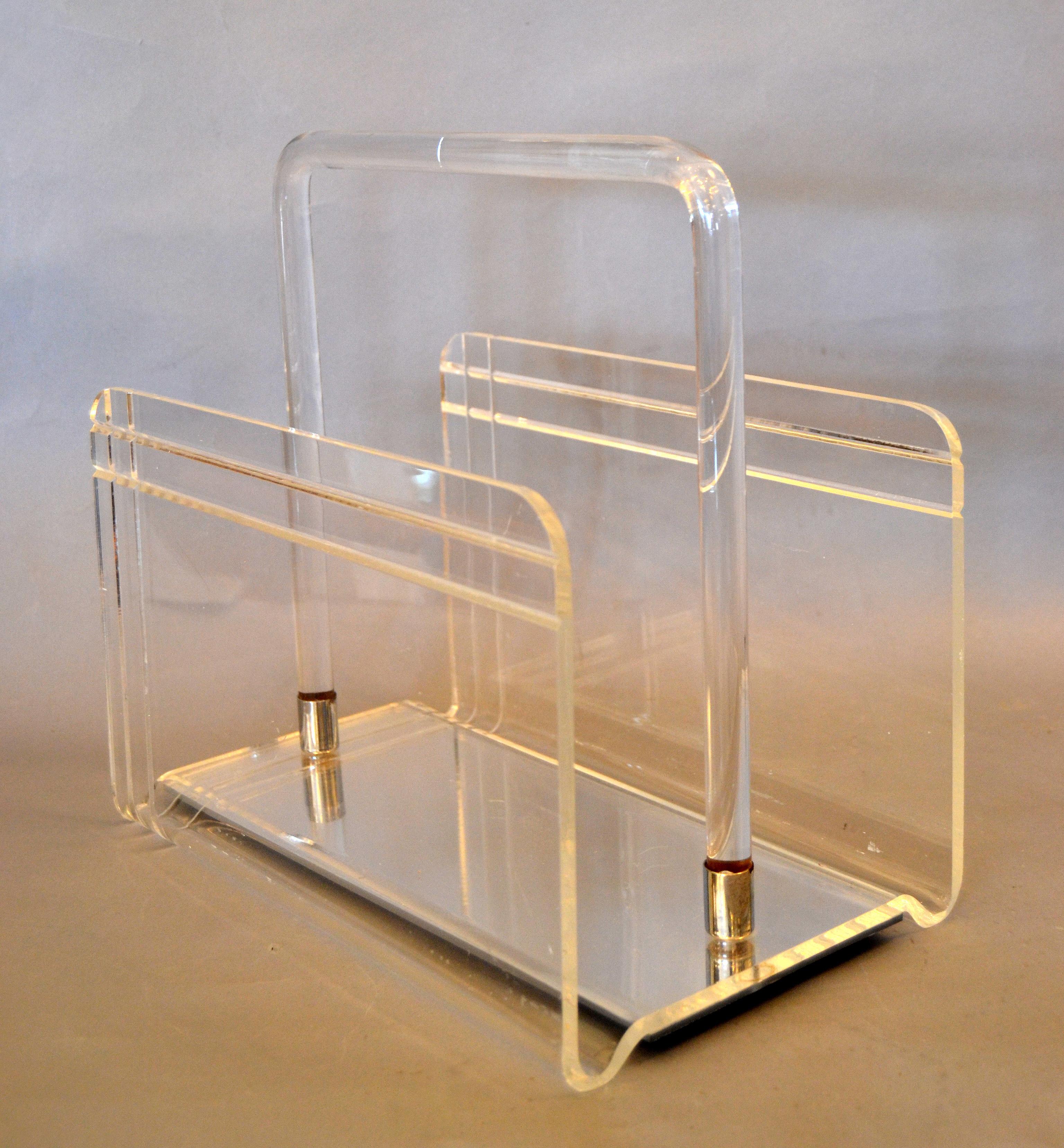 Dorothy Thorpe Mid-Century Modern Magazine Rack Mirrored Glass Lucite and Chrome 1