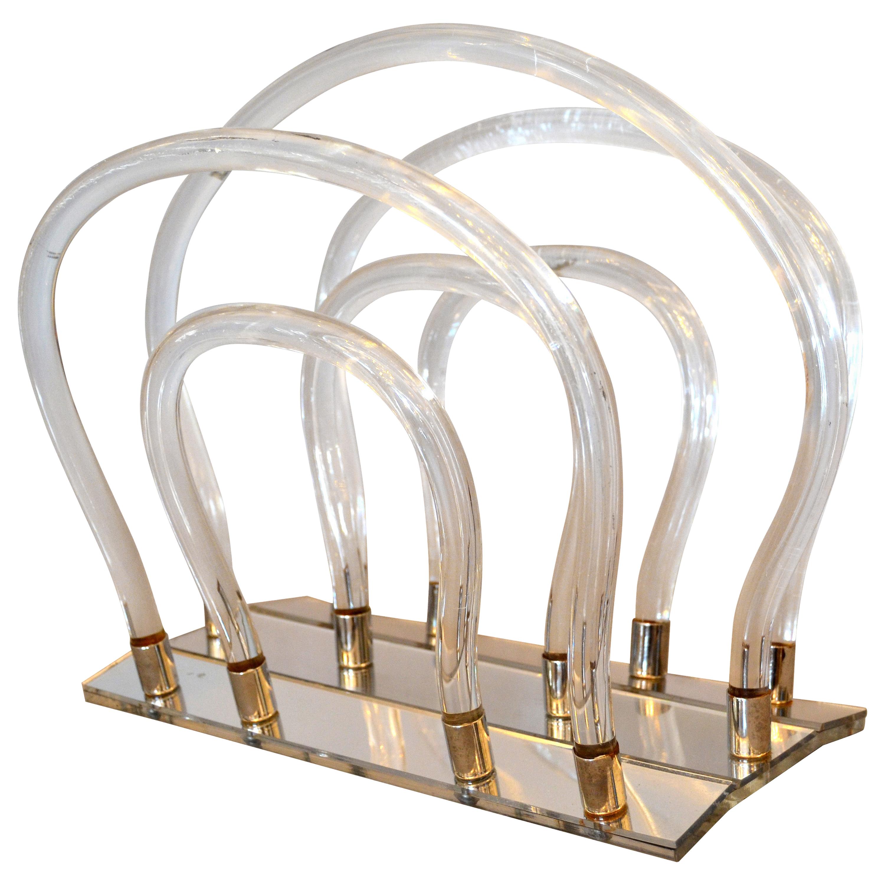 Dorothy Thorpe Mid-Century Modern Magazine Rack Mirrored Glass, Lucite & Chrome