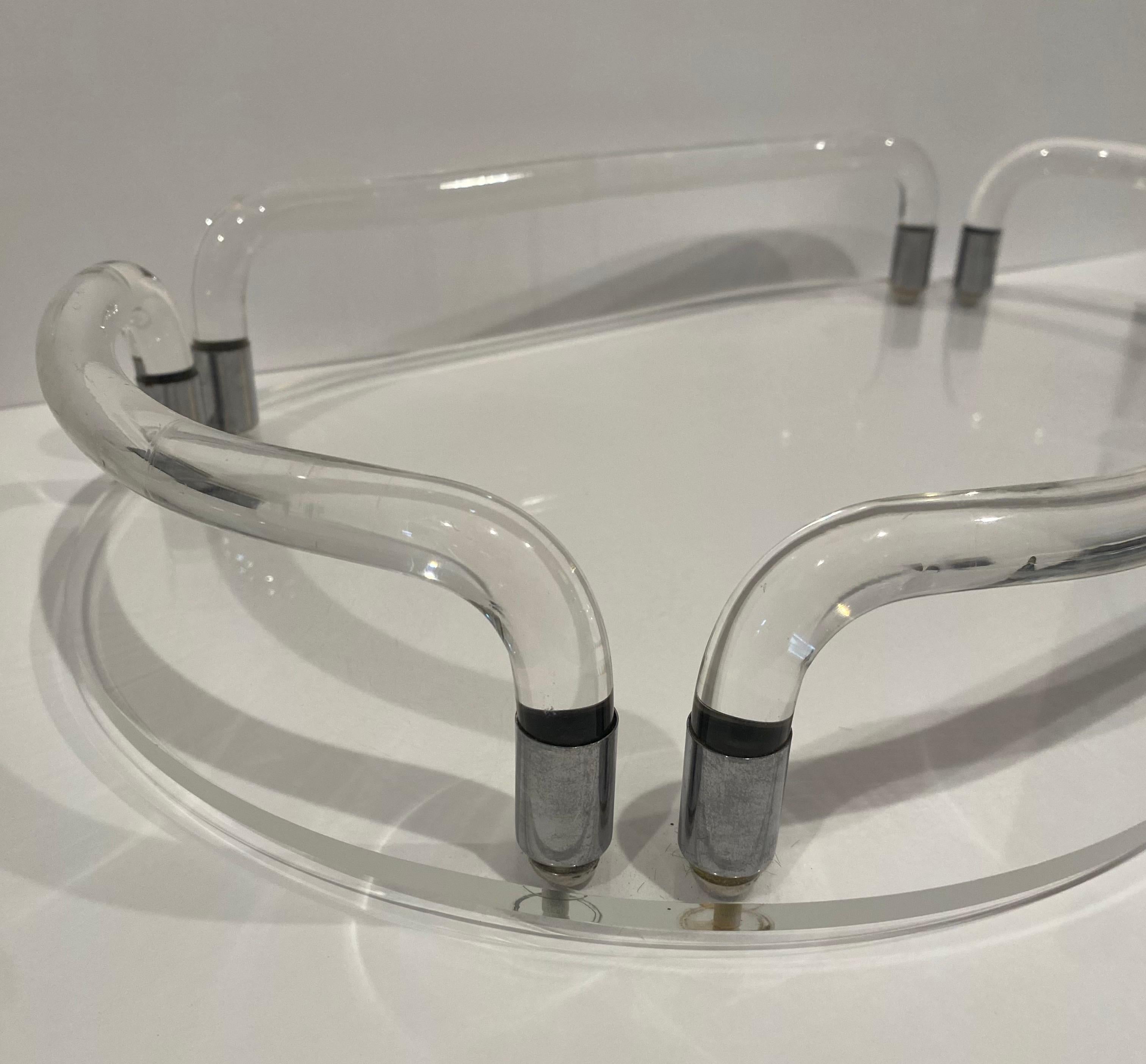 Chrome Dorothy Thorpe Mid-Century Modern Oval Lucite Tray, 1970's For Sale
