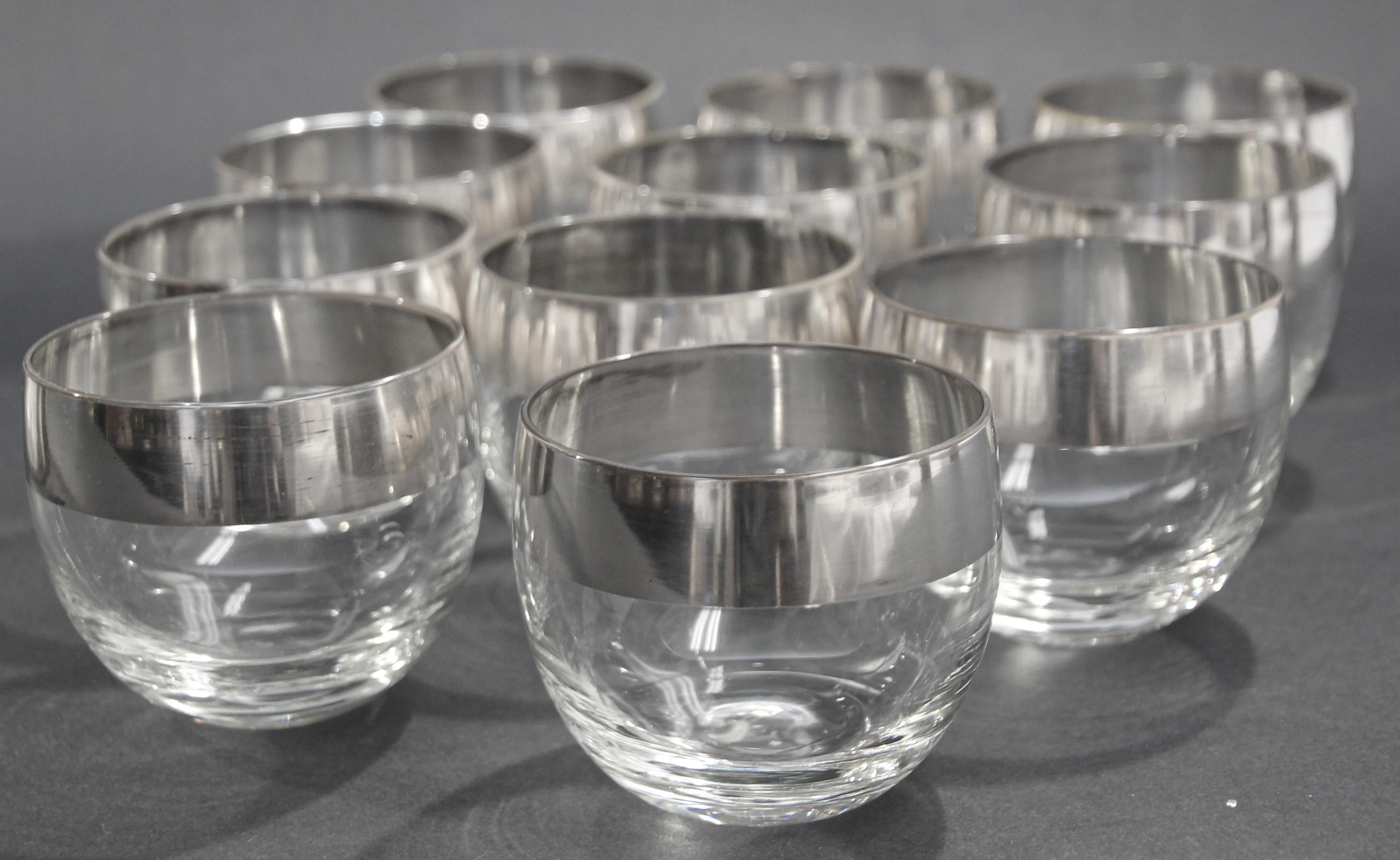 20th Century Dorothy Thorpe Mid-Century Silver Band Roly Poly Glasses and Cocktail Punch Bowl For Sale