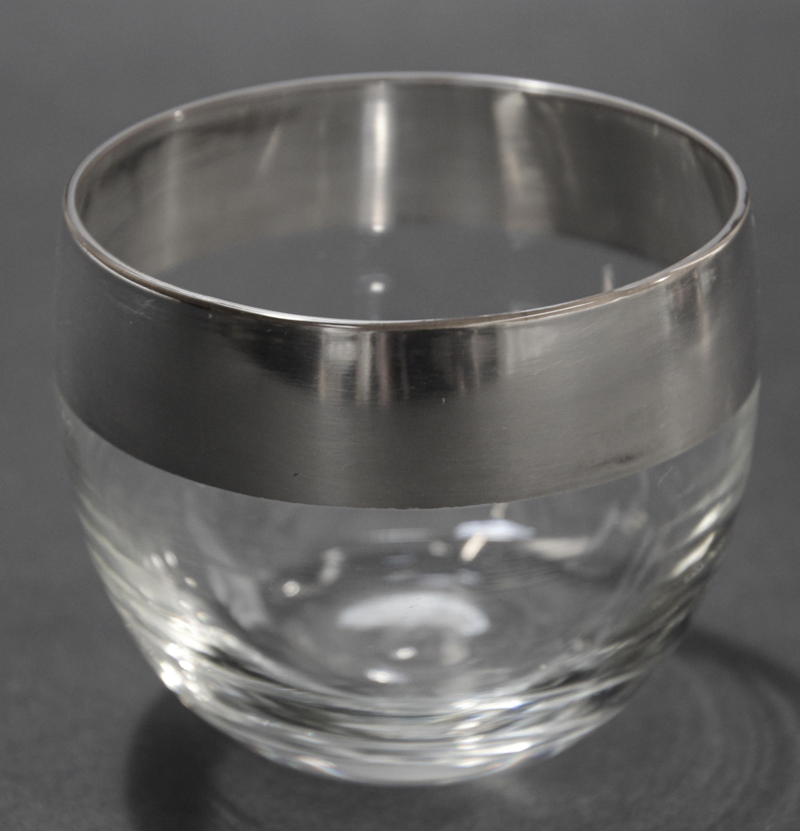 Dorothy Thorpe Mid-Century Silver Band Roly Poly Glasses and Cocktail Punch Bowl For Sale 1