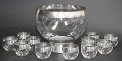 Dorothy Thorpe Mid-Century Silver Band Roly Poly Glasses and Cocktail Punch Bowl