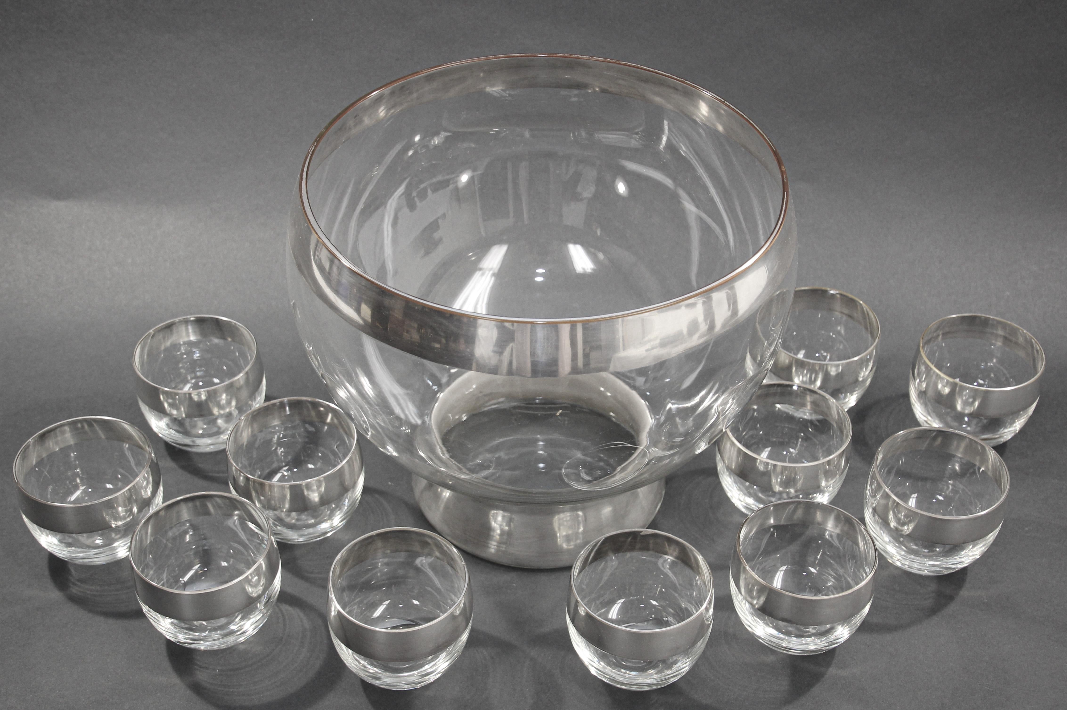 Mid-Century Modern Dorothy Thorpe Mid-Century Silver Band Roly Poly Glasses and Cocktail Punch Bowl For Sale