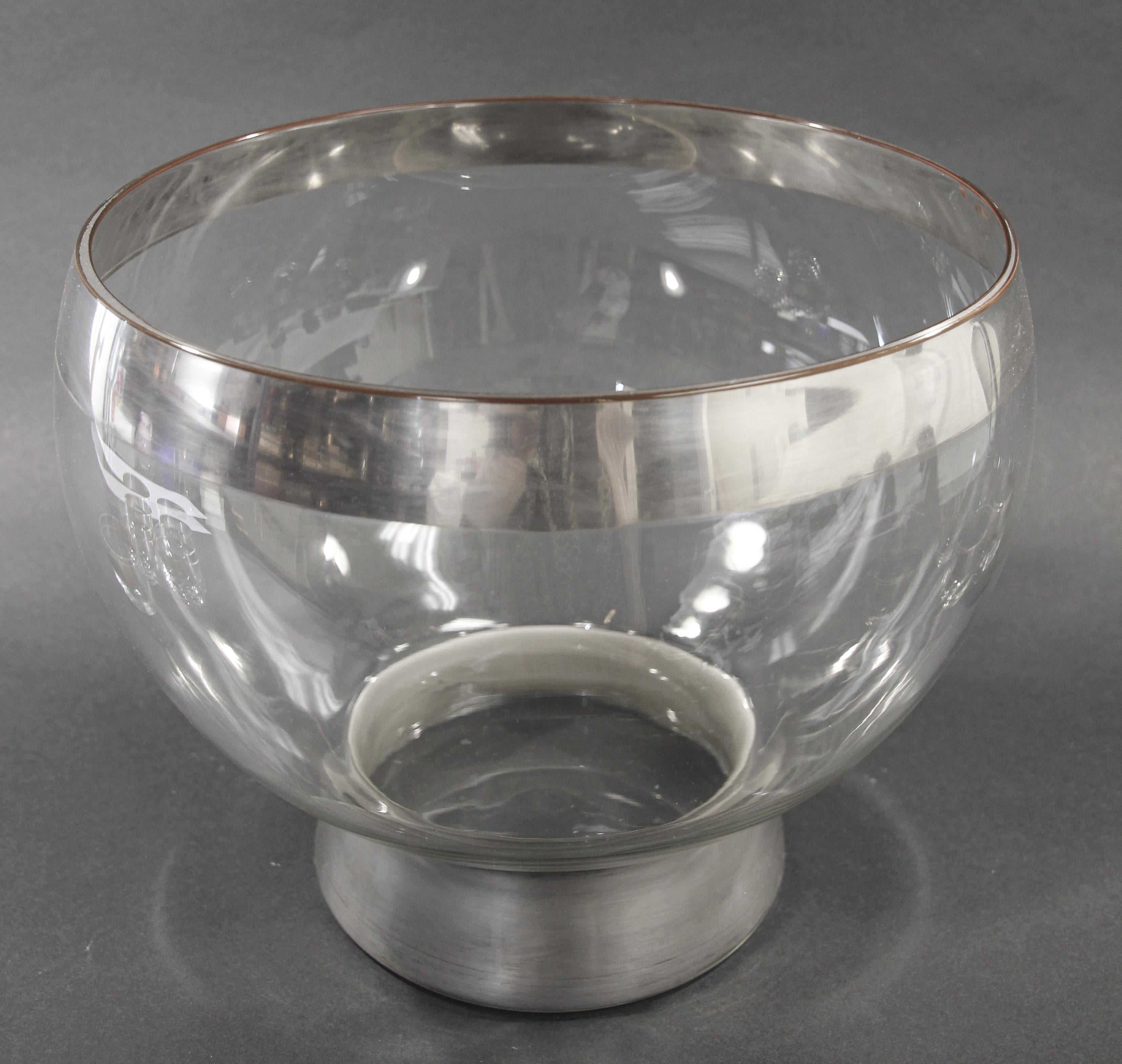American Dorothy Thorpe Mid-Century Silver Band Roly Poly Glasses and Cocktail Punch Bowl For Sale