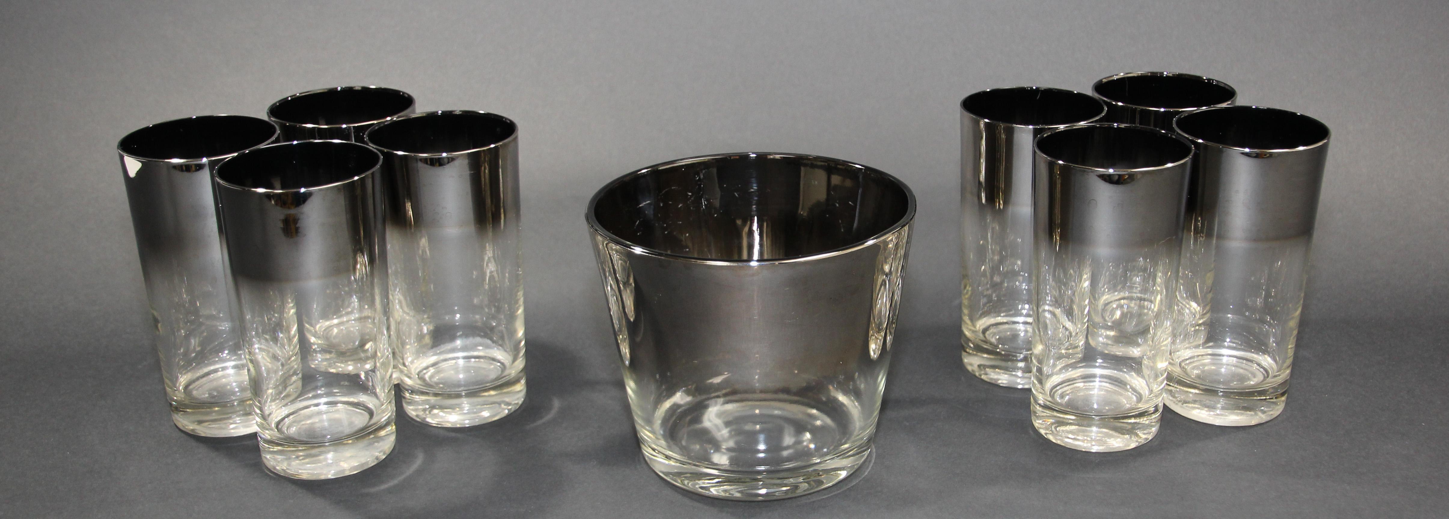 Dorothy Thorpe Mid-Century Silver Fade Cocktail Barware Glasses and Ice Bucket For Sale 1