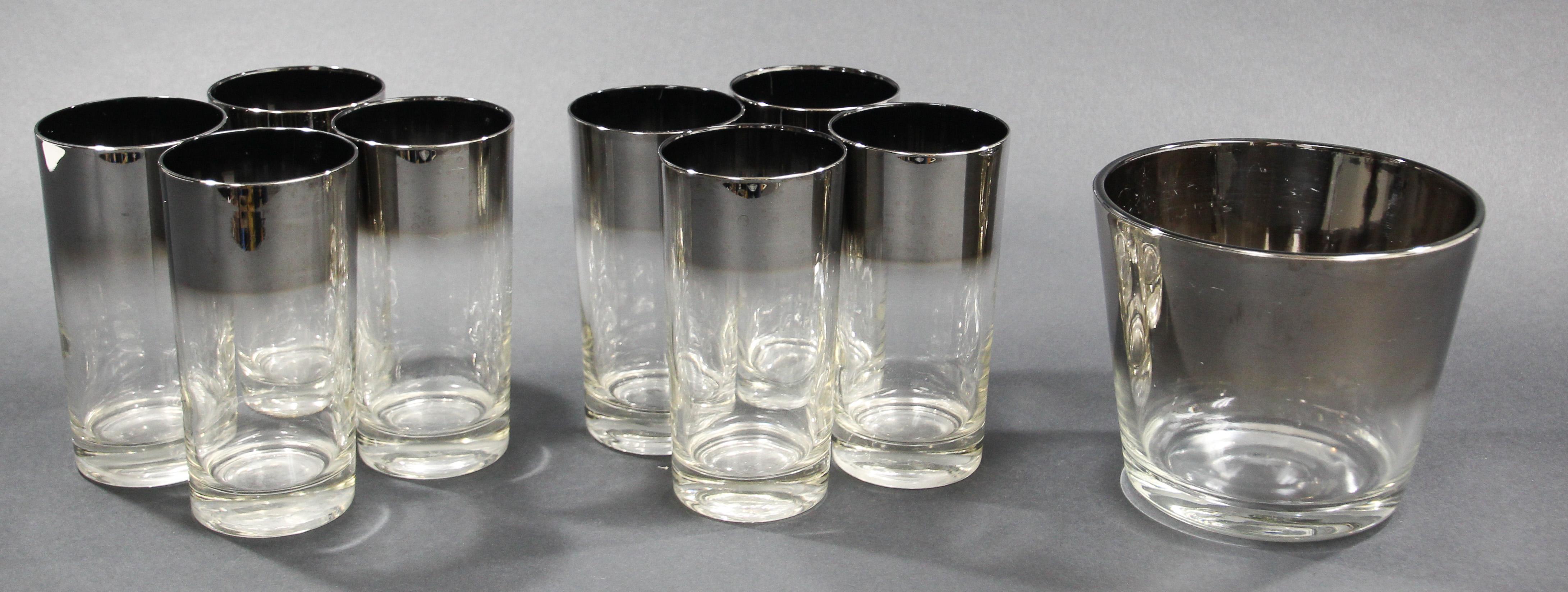 Dorothy Thorpe Mid-Century Silver Fade Cocktail Barware Glasses and Ice Bucket For Sale 2