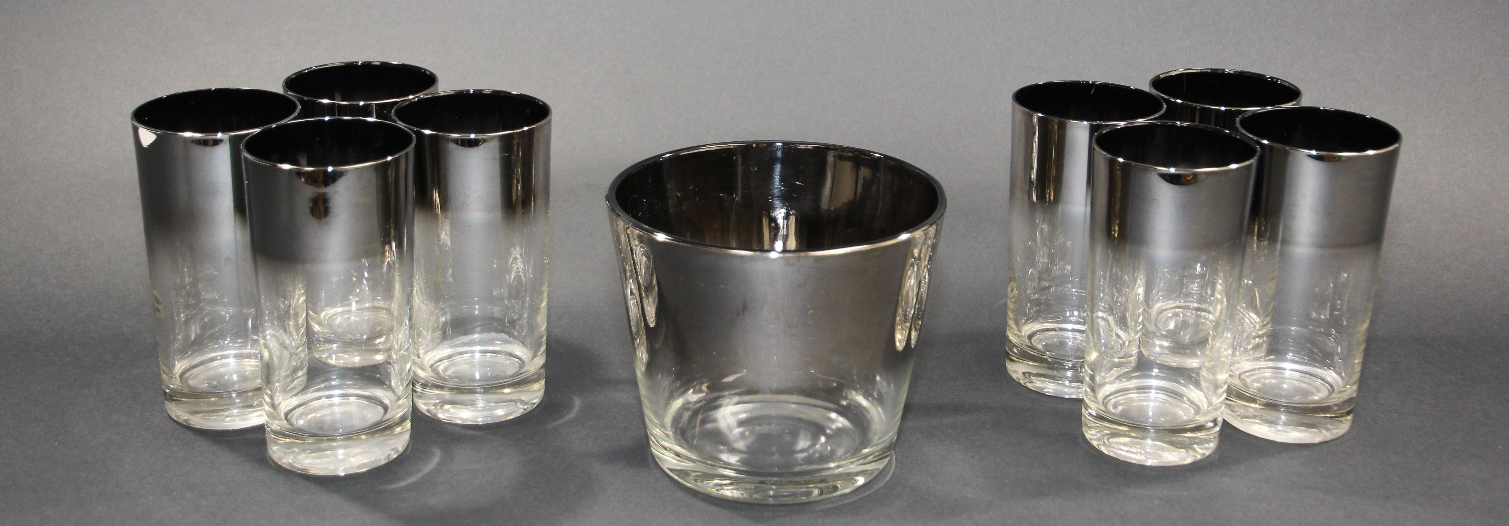 Dorothy Thorpe Mid-Century Silver Fade Cocktail Barware Glasses and Ice Bucket For Sale 3