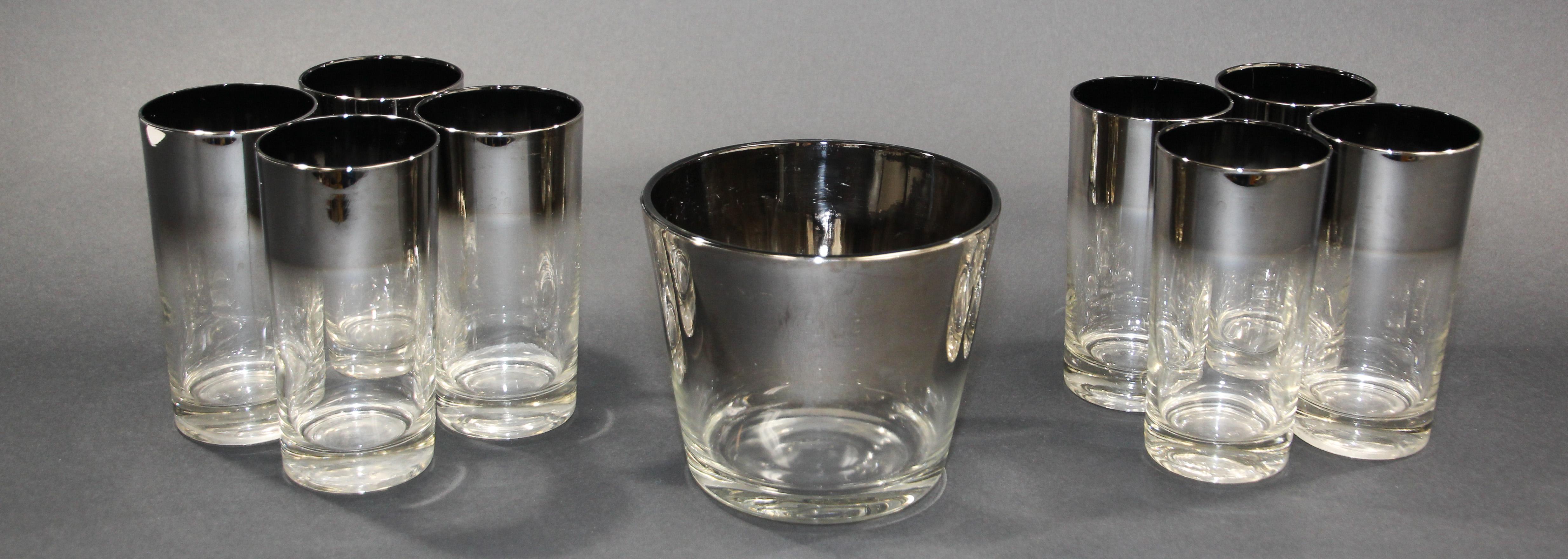 1960s Dorothy Thorpe midcentury barware set of 8 glasses and ice bucket.
Elegant exquisite vintage 1950s Designer Dorothy Thorpe pure silver overlay band barware glasses and ice bucket.
This rare set Dorothy Thorpe midcentury cocktail glasses