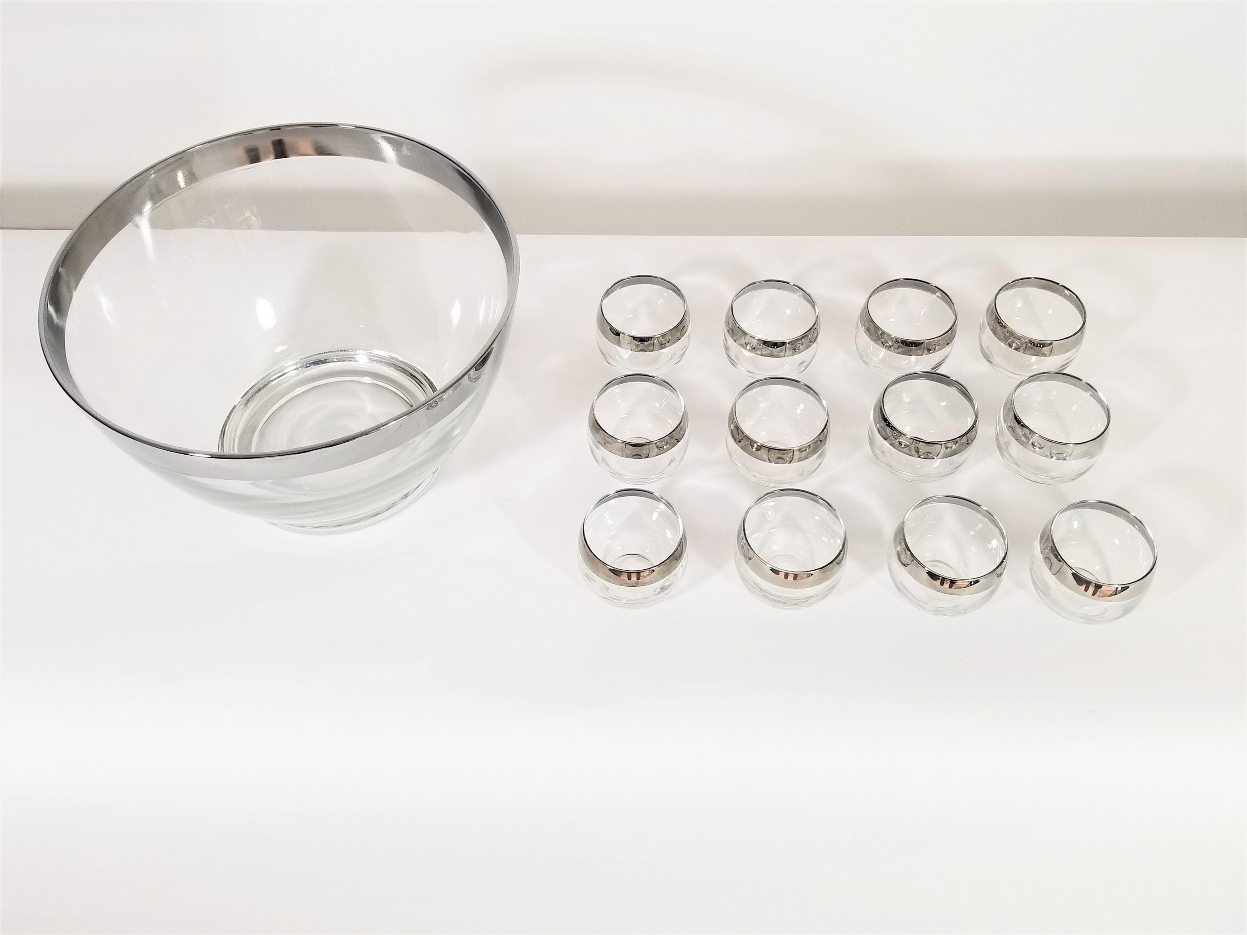 Dorothy Thorpe Midcentury Punch Bowl Set with Roly Poly Glasses 13 Pieces In Excellent Condition In New York, NY