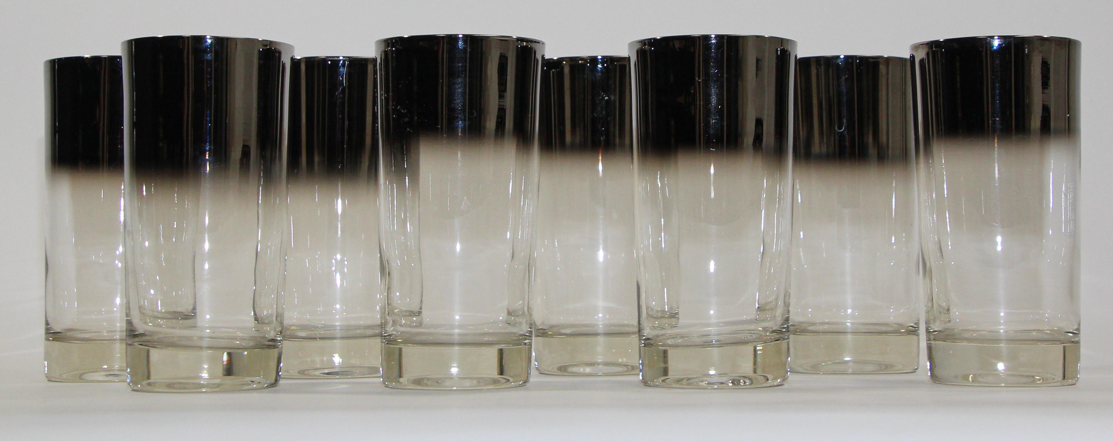 Mid-Century Modern Dorothy Thorpe Style Midcentury Silver Fade Cocktail Glasses Barware Set of 8 For Sale