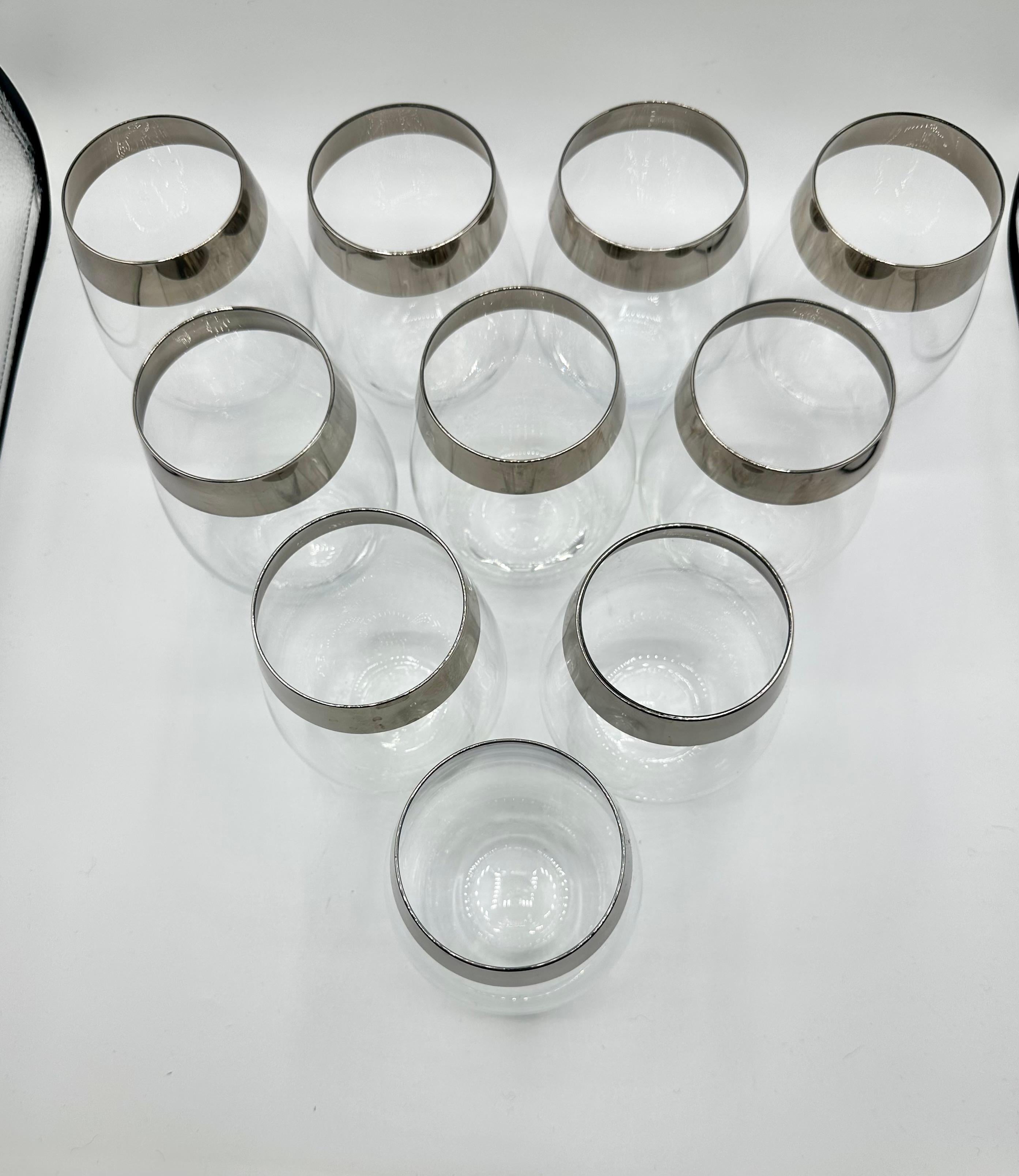 Mid-Century Modern Dorothy Thorpe Platinum Rimmed Stemless Wine Glasses set of 10