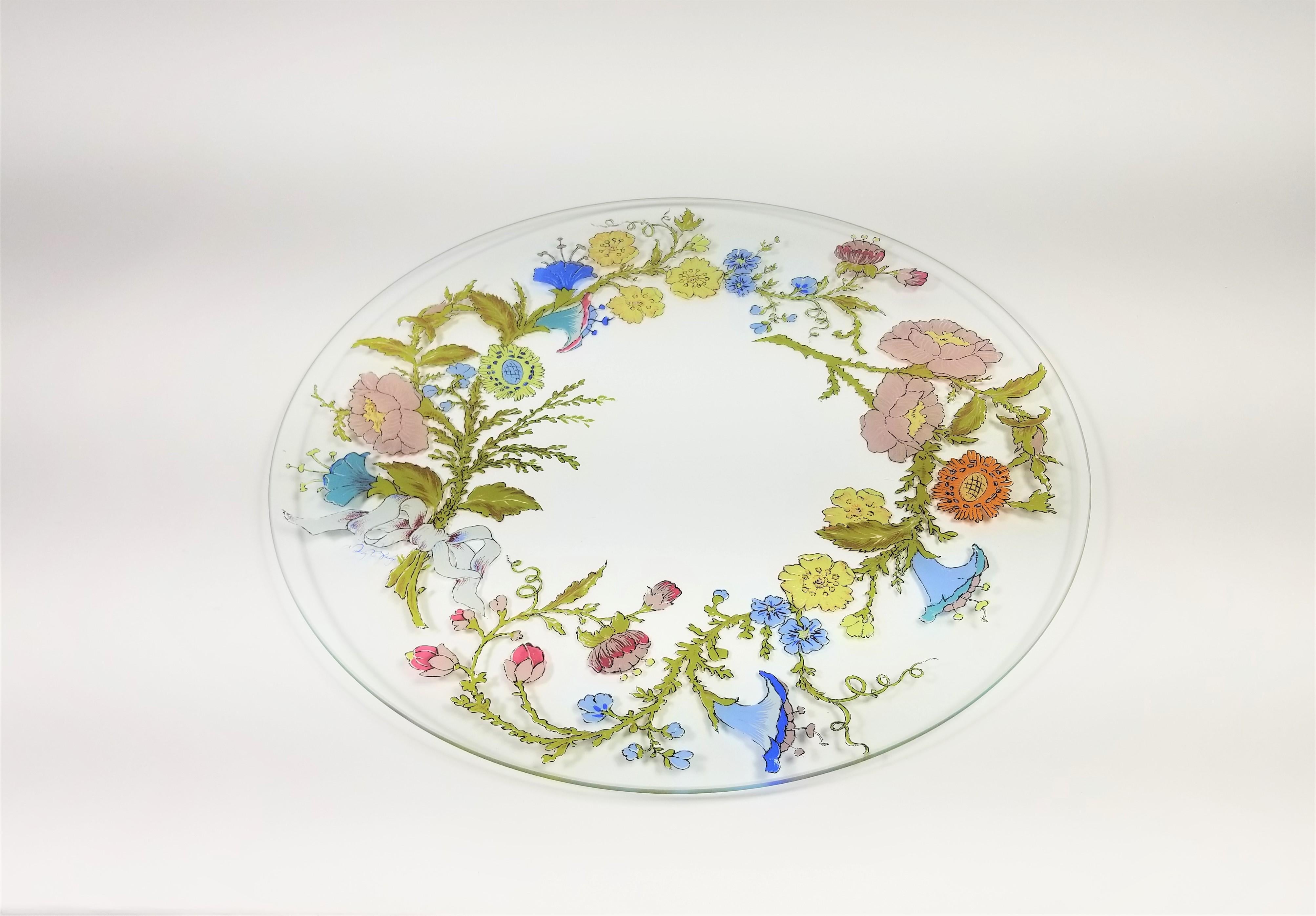 Mid Century Dorothy Thorpe Plate or Platter. Hand Painted on Glass with Signature. Floral Motif.