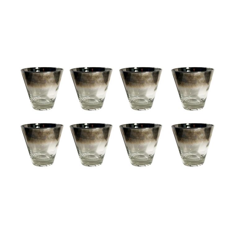 Hollywood Regency Dorothy Thorpe Silver Fade Banded Lusterware Barware Cocktail Glasses Set of 15 For Sale