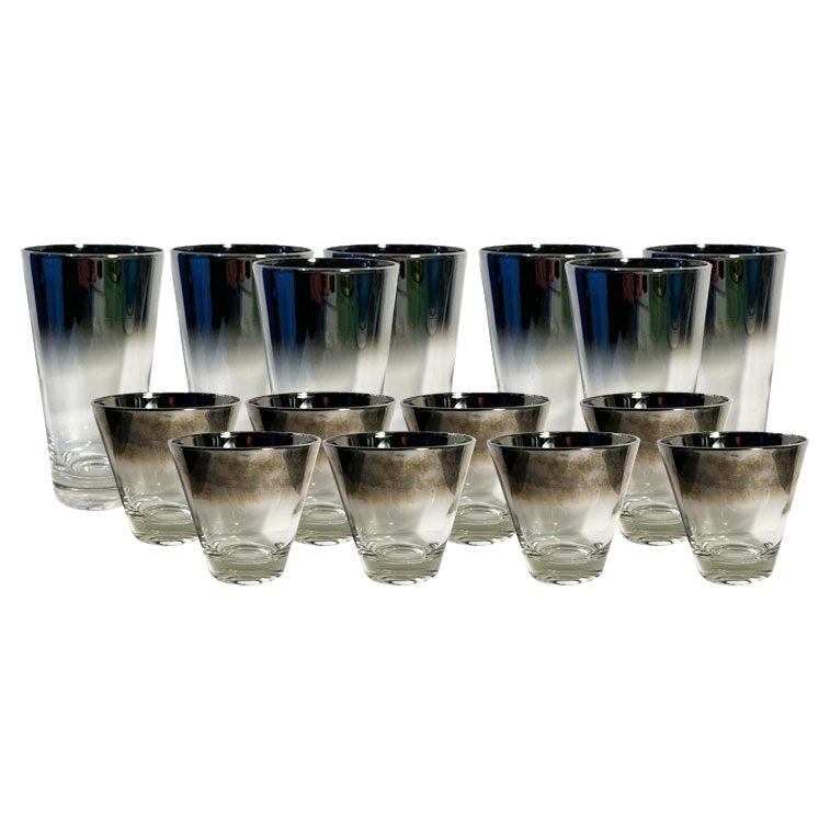 Dorothy Thorpe Silver Fade Banded Lusterware Barware Cocktail Glasses Set of 15 For Sale