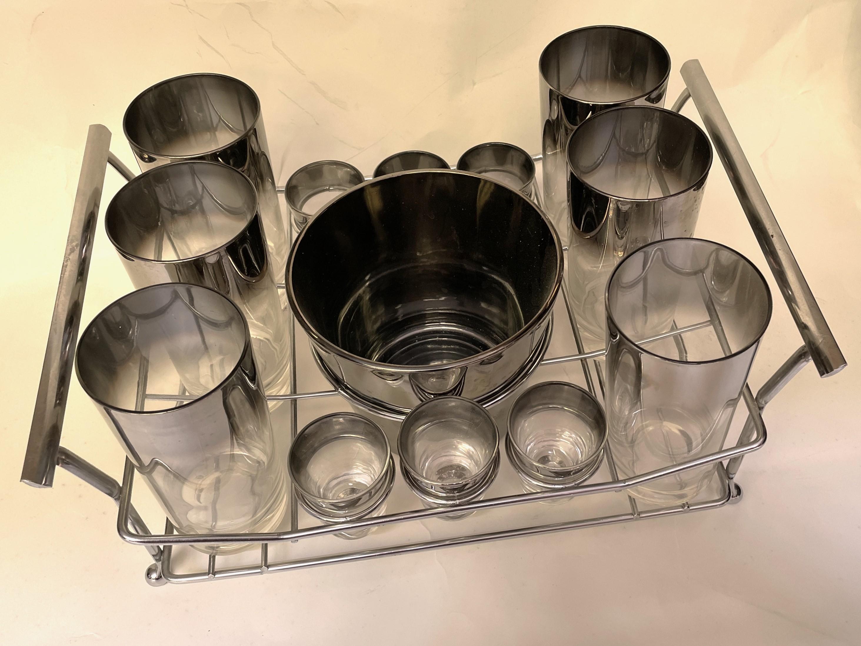 Dorothy Thorpe Silver Fade Bar Cocktail Set Chrome Holder Ice Bucket Glass 13 pc in vendita 3