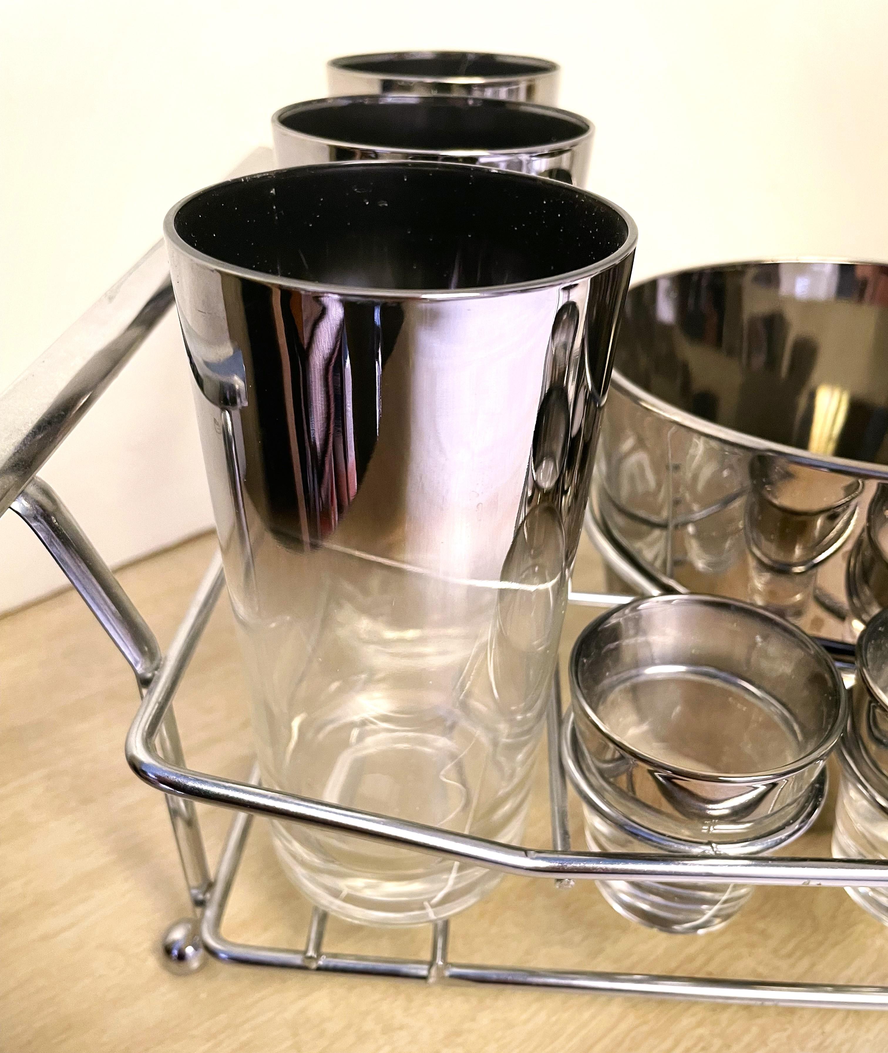Dorothy Thorpe Silver Fade Bar Cocktail Set Chrome Holder Ice Bucket Glass 13 pc in vendita 4
