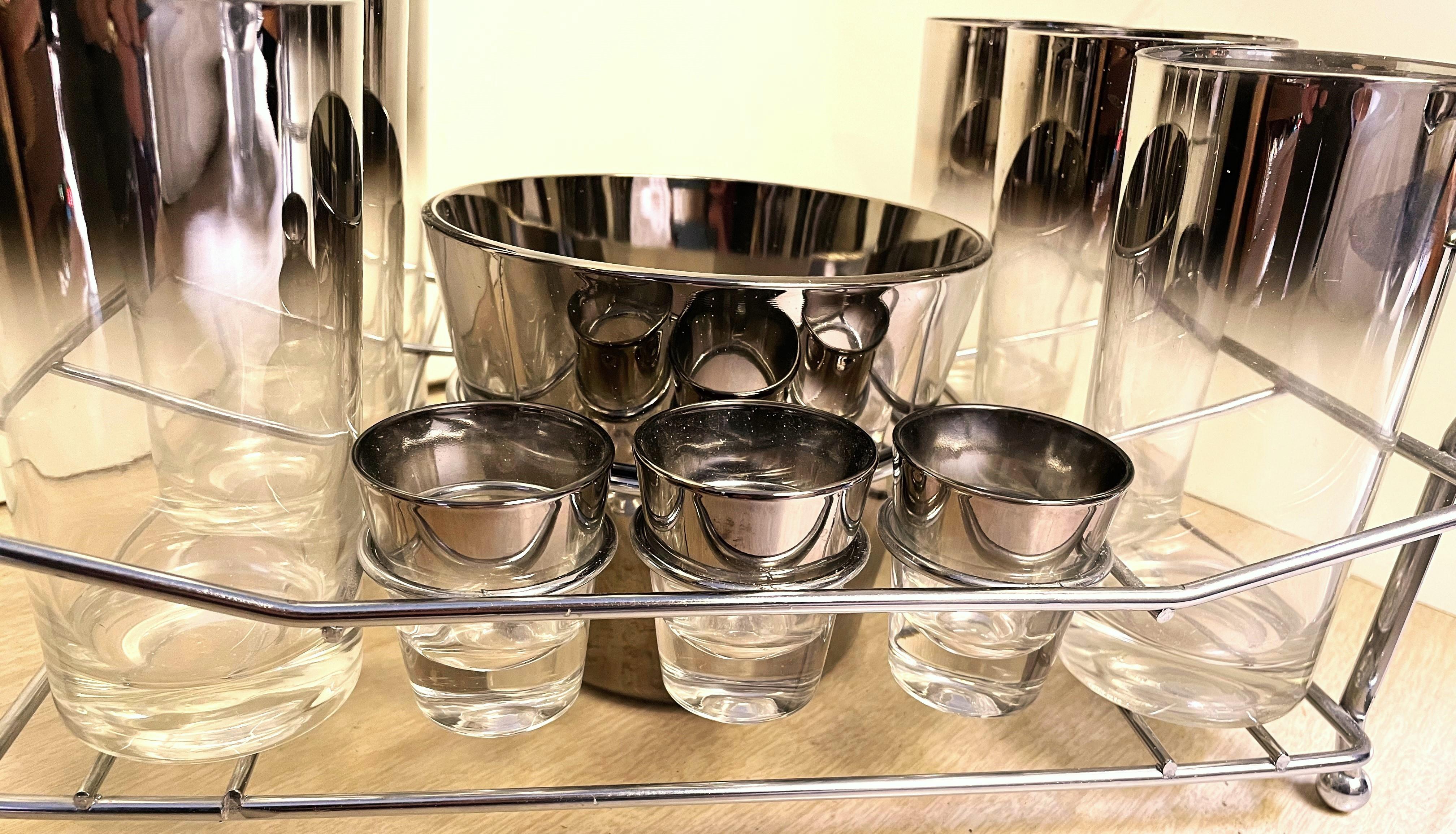 Dorothy Thorpe Silver Fade Bar Cocktail Set Chrome Holder Ice Bucket Glass 13 pc in vendita 6
