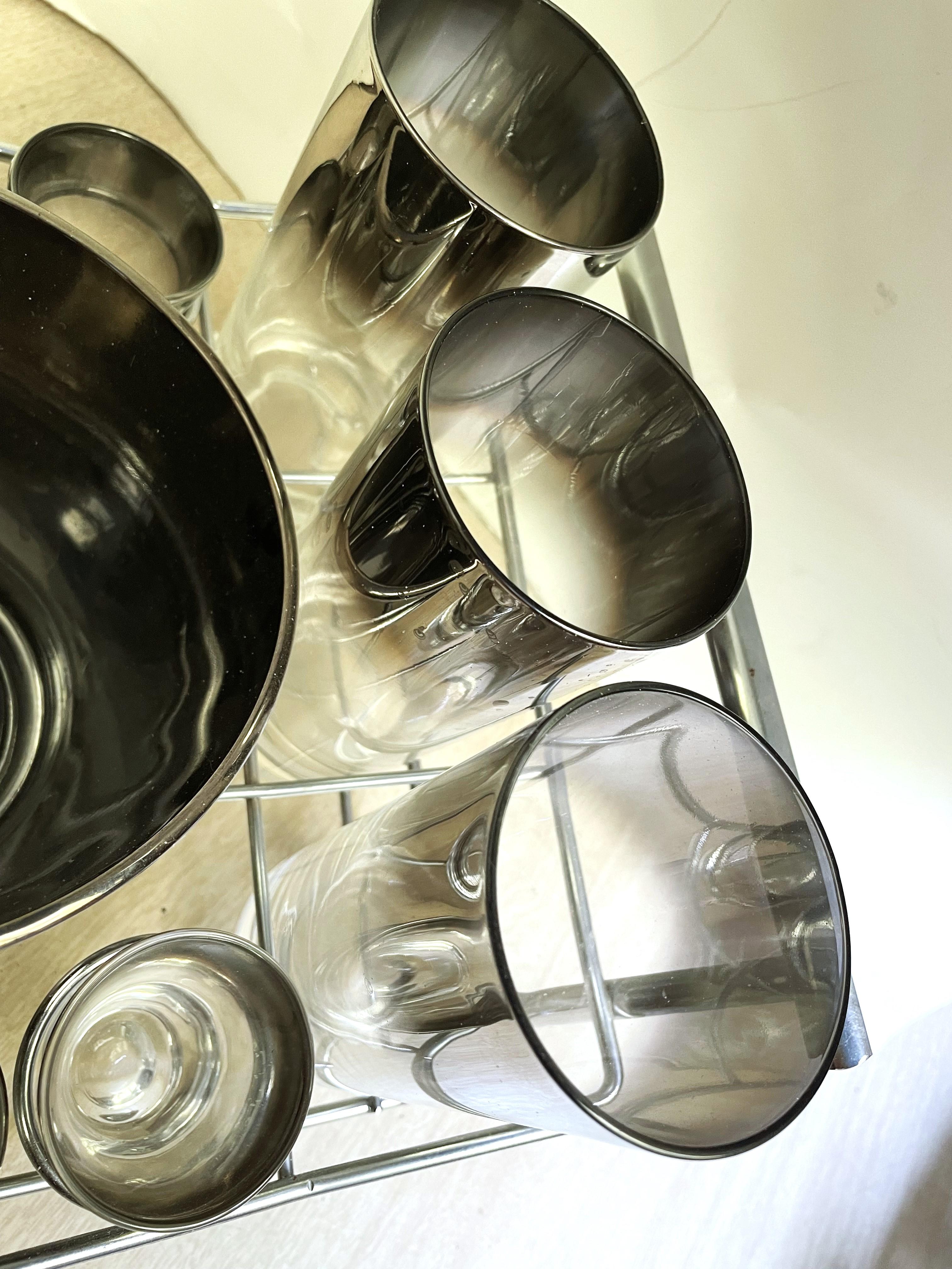 Dorothy Thorpe Silver Fade Bar Cocktail Set Chrome Holder Ice Bucket Glass 13 pc in vendita 7