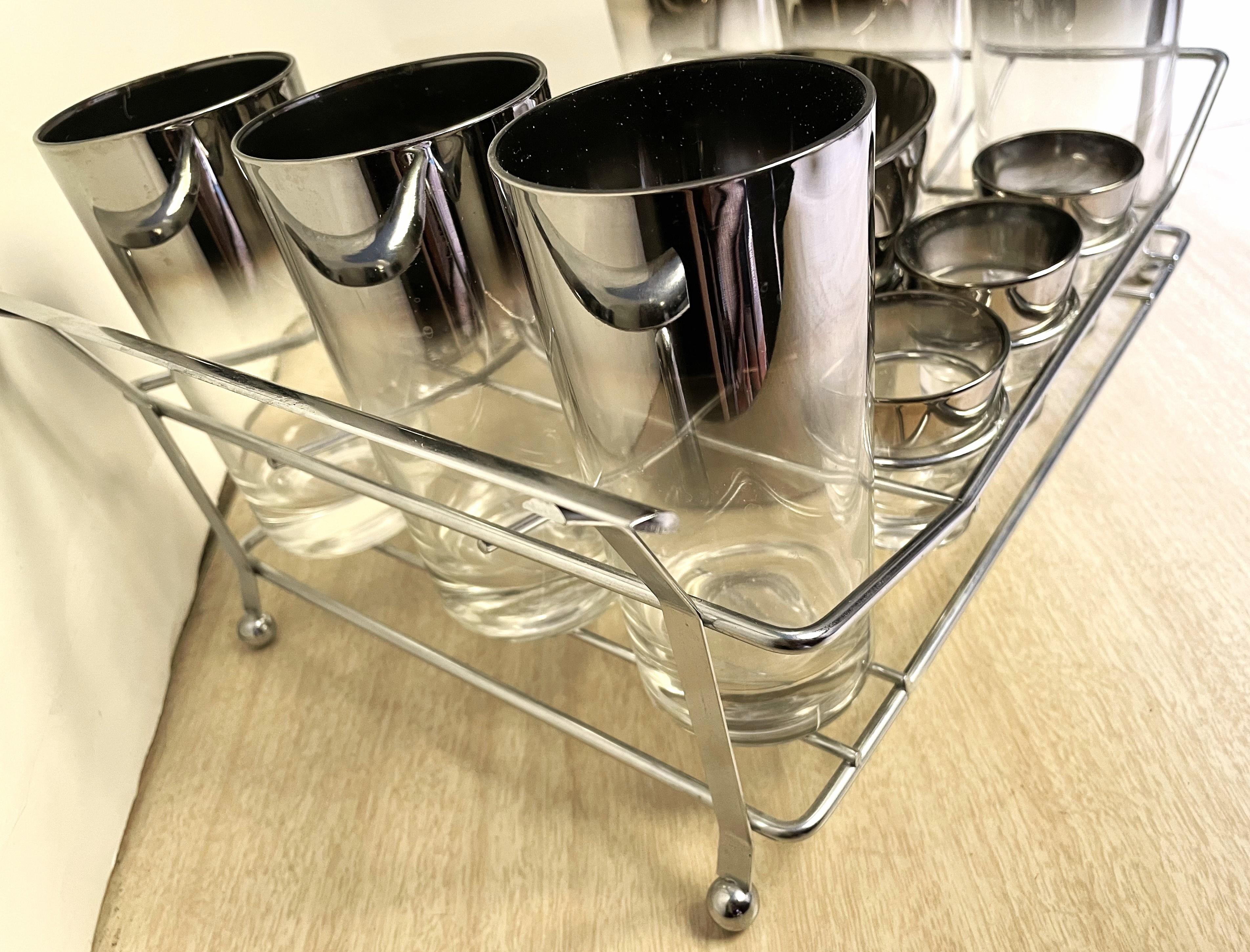 Dorothy Thorpe Silver Fade Bar Cocktail Set Chrome Holder Ice Bucket Glass 13 pc in vendita 9