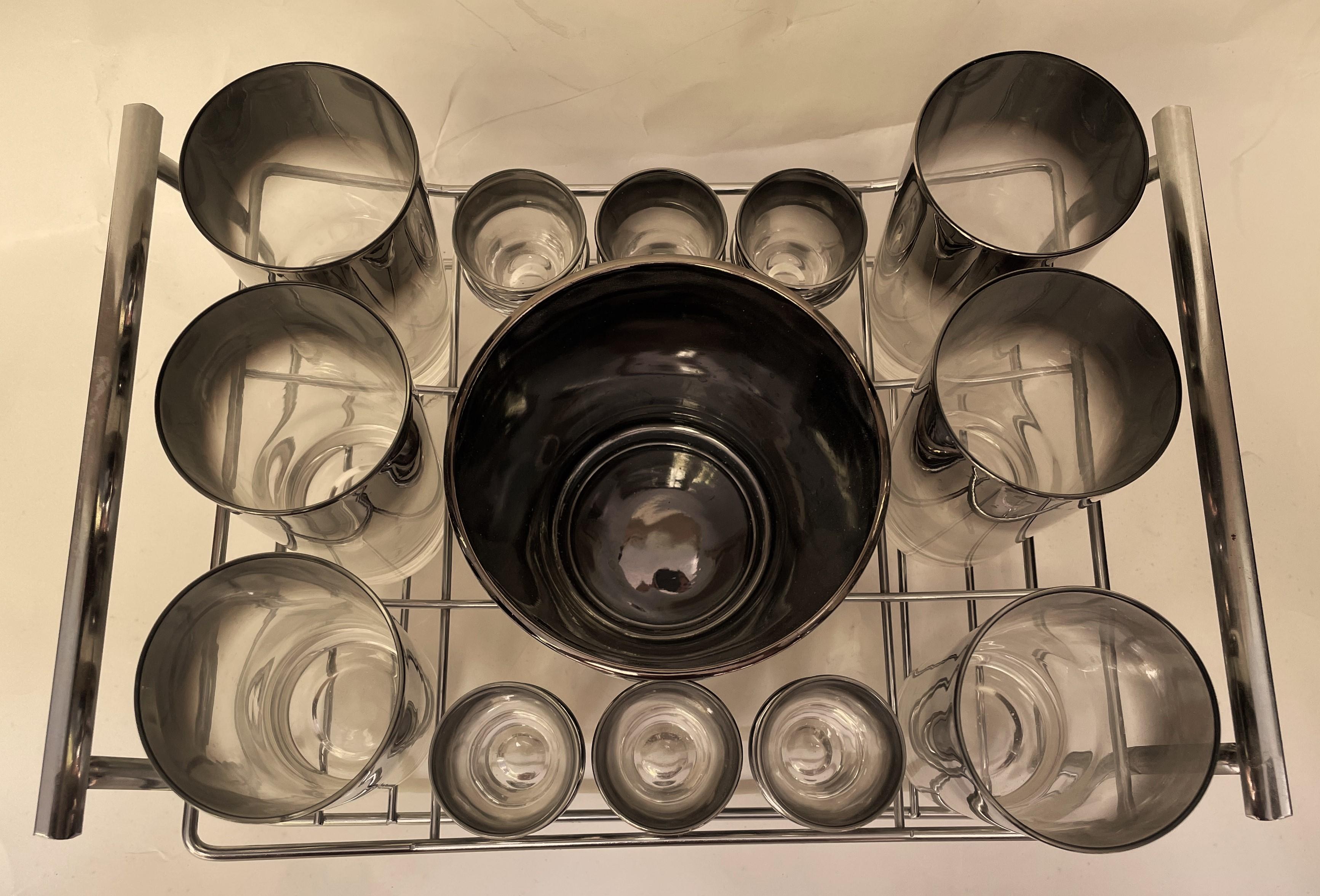 Americano Dorothy Thorpe Silver Fade Bar Cocktail Set Chrome Holder Ice Bucket Glass 13 pc in vendita